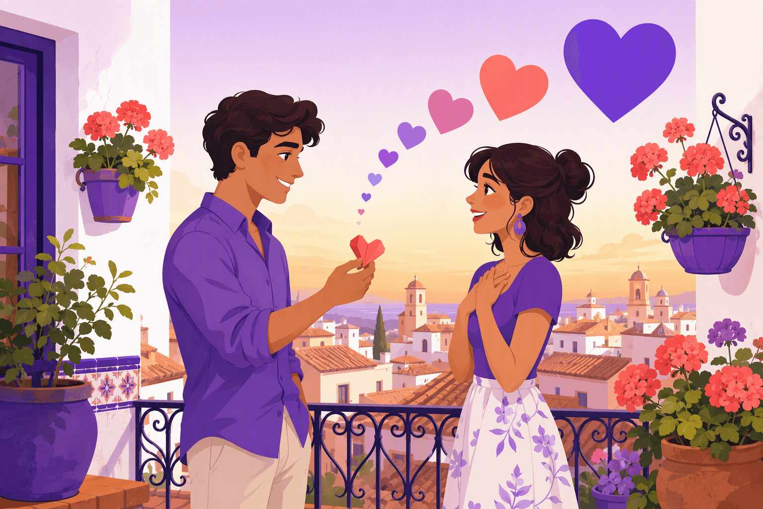 A couple on a sunlit Spanish balcony with geraniums and terracotta rooftops, one offering a small paper heart while hearts of growing size float between them, showing the many levels of saying I love you in Spanish
