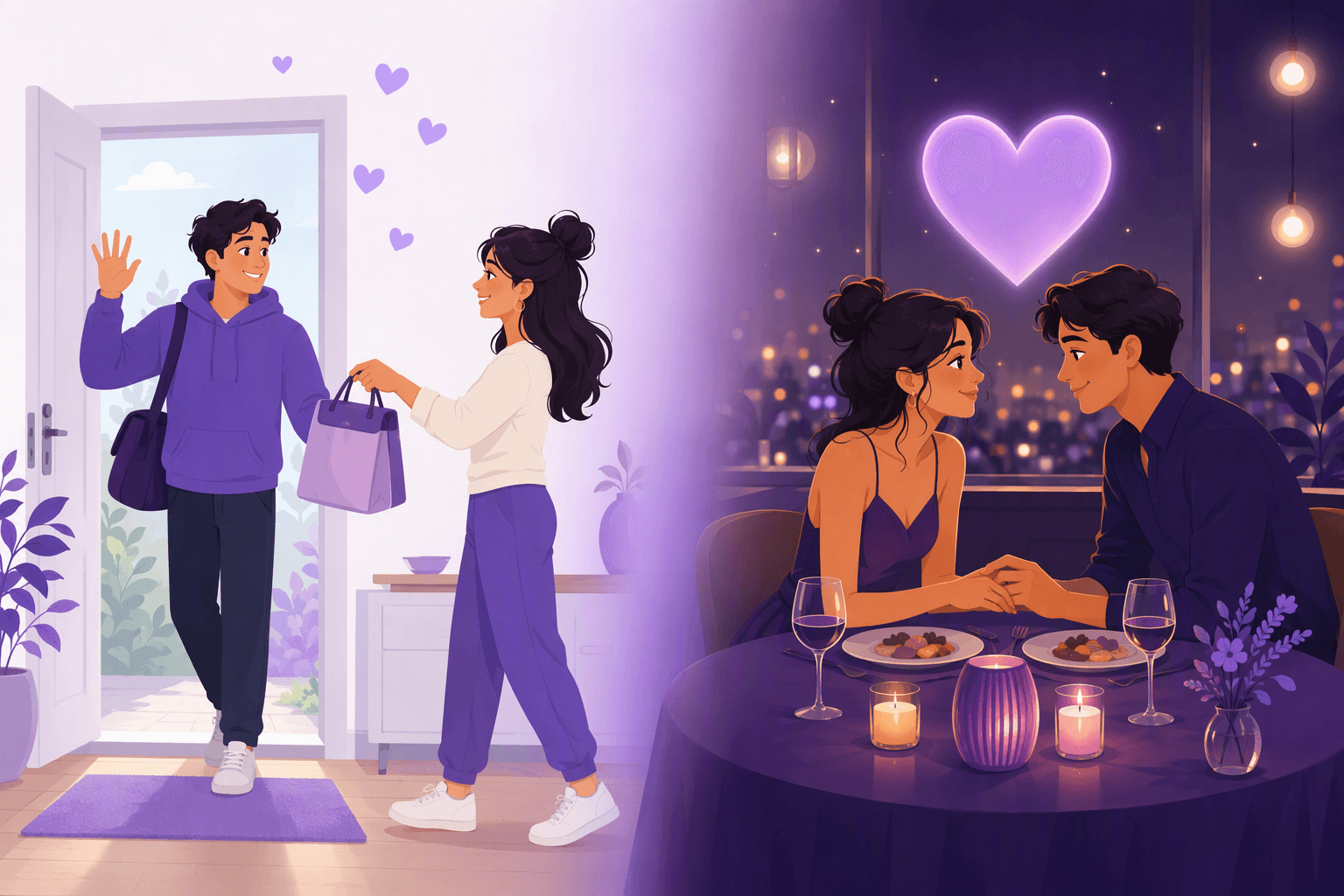 Two contrasting scenes side by side: on the left a relaxed doorway goodbye with a handed-over lunch bag and small floating hearts, on the right a candlelit dinner for two with one large glowing heart, showing everyday affection next to a milestone moment