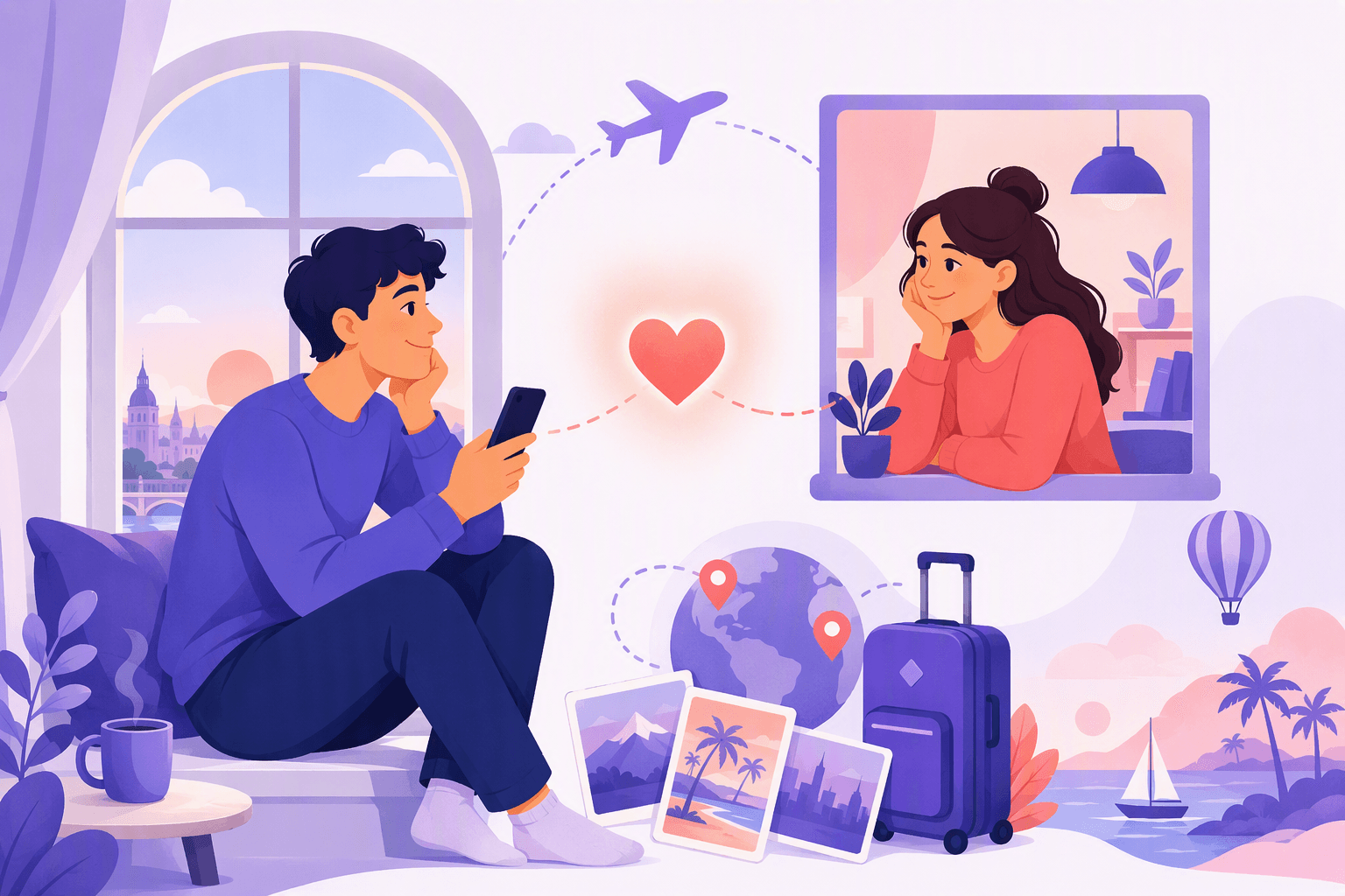Flat-vector illustration of one person by a window holding a smartphone and looking toward another person shown in a distant framed view, with a heart-shaped glow and travel icons between them.
