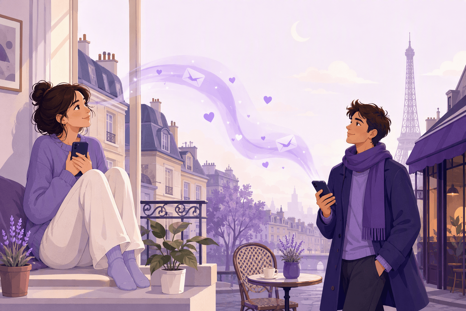 Two people in different cities holding phones, connected by a ribbon of light with hearts and envelopes over Parisian rooftops