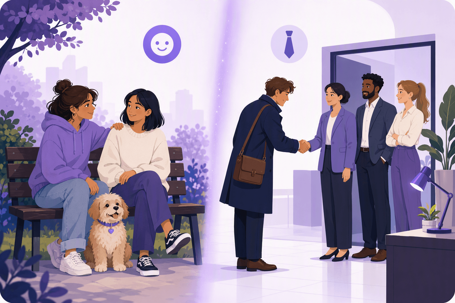Split scene contrasting two close friends relaxing on a park bench with a formal handshake greeting a group of colleagues at an office door