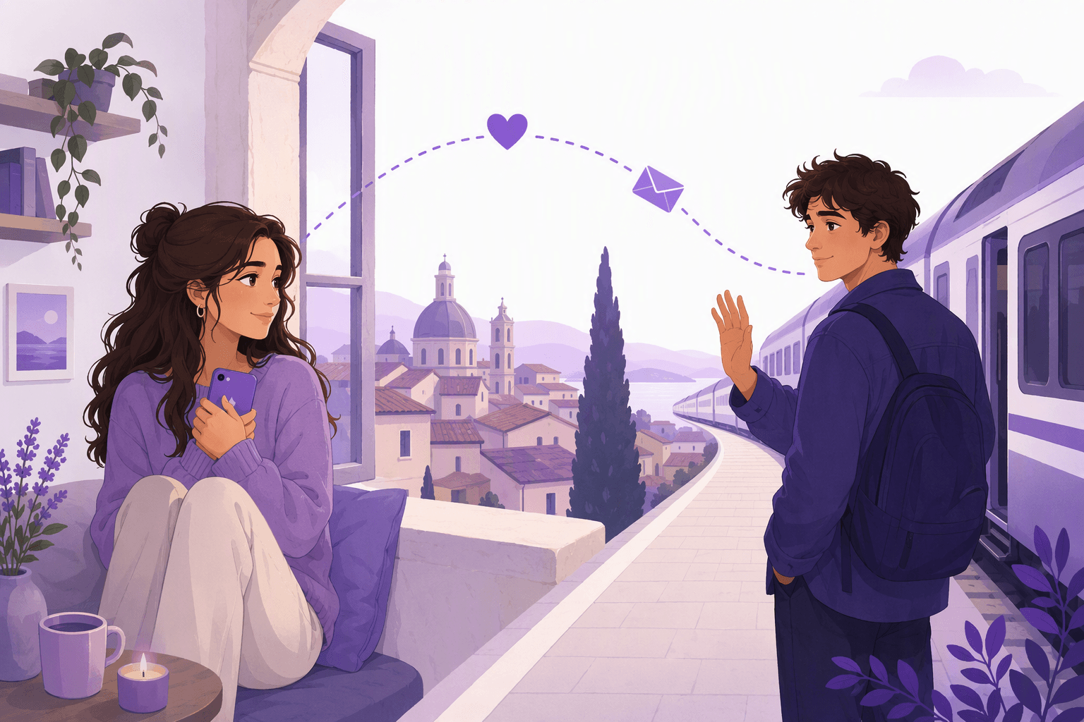 A young woman holding her phone by a window above Italian rooftops and a young man waving from a train platform, connected by a dotted line with a heart and an envelope