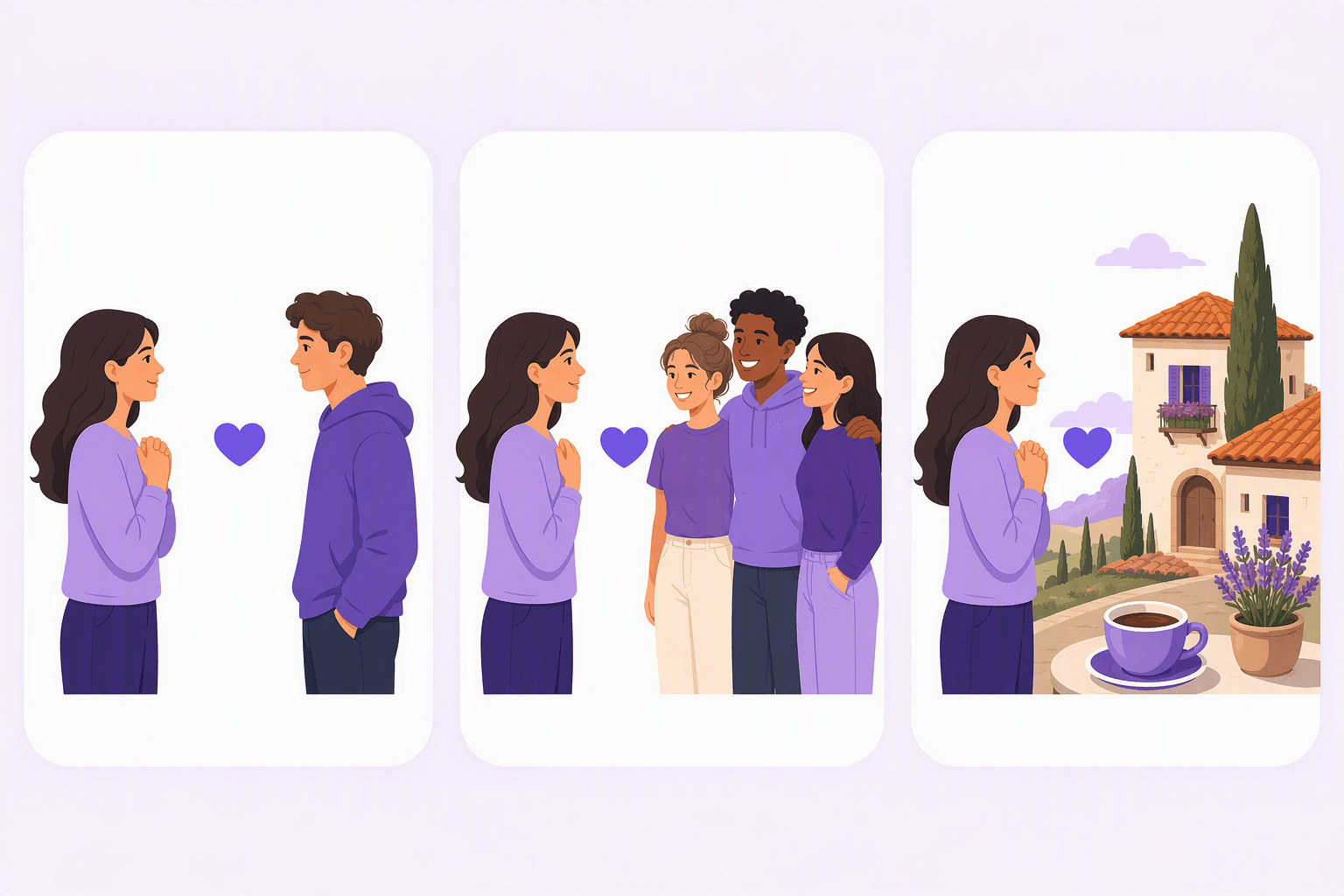 Three panels showing one person facing one person, one person facing a group of friends, and one person facing an Italian house with a coffee cup and a cypress tree, each pair joined by a small heart