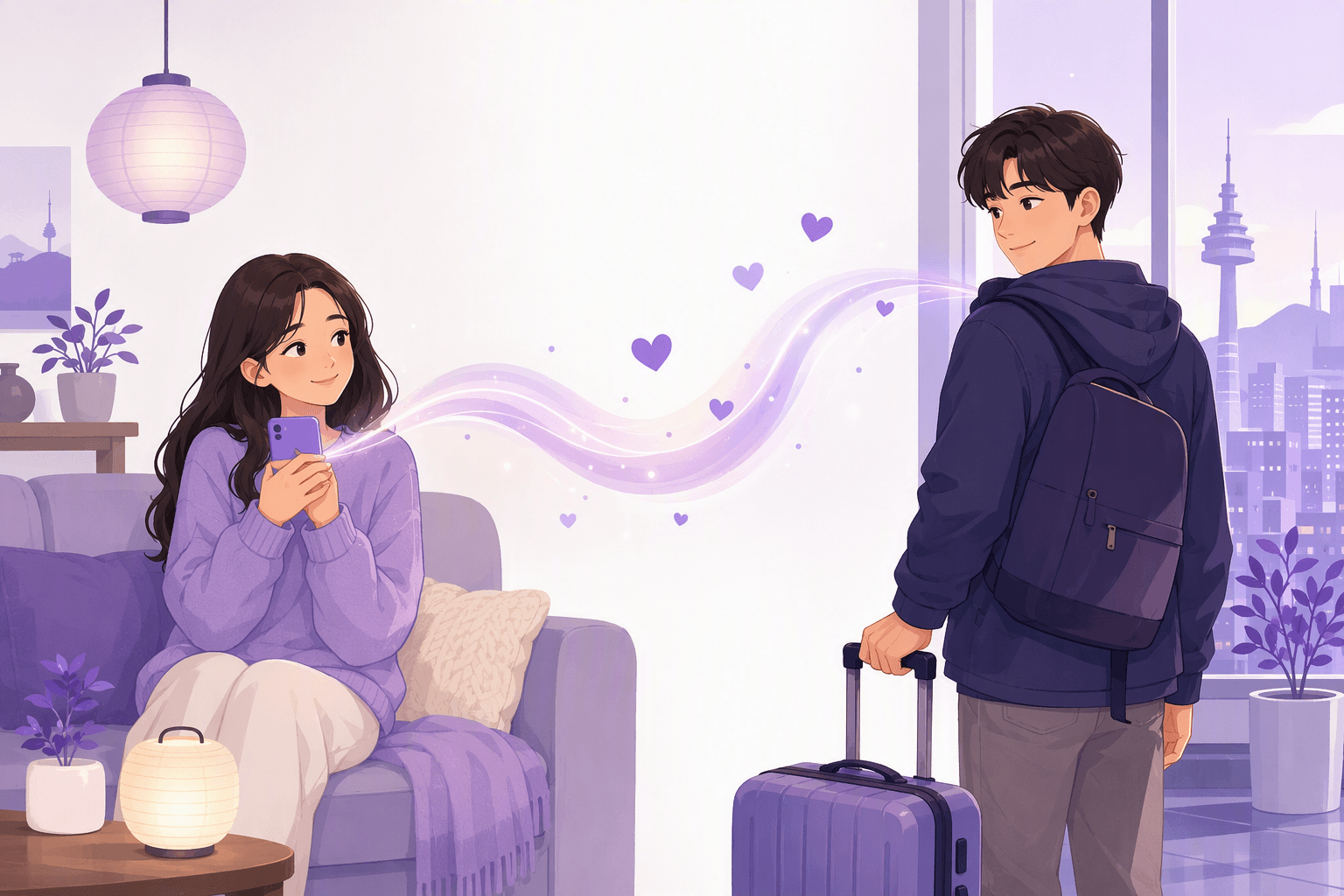 A young woman on a couch holding her phone and a young man with a suitcase looking back at her, connected by a ribbon of light and floating hearts