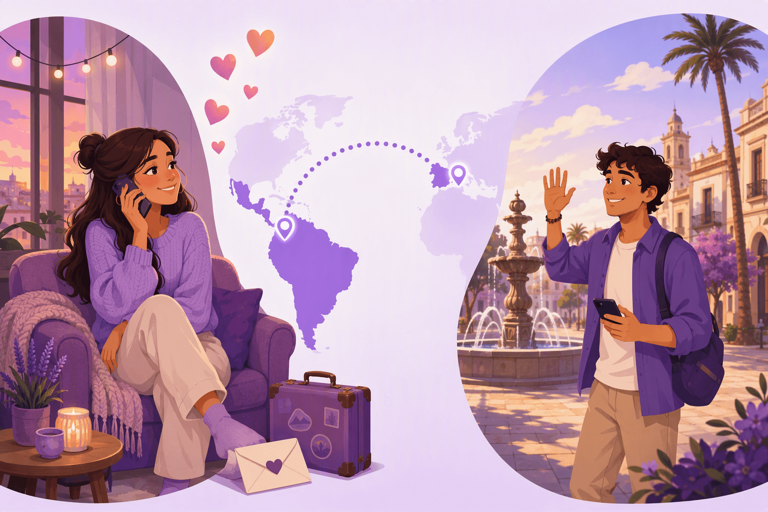 Two Spanish speakers on a long-distance call, one in Latin America and one in Spain, connected by a dotted arc across a map