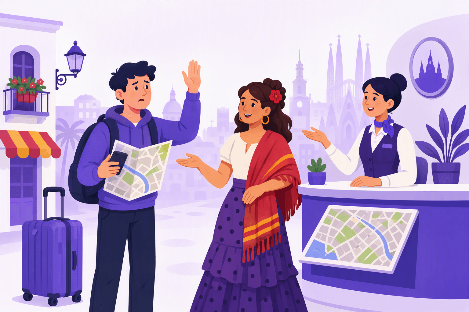 A worried traveler seeks assistance from a friendly local and a uniformed help-desk worker beside a suitcase, map, and phone.