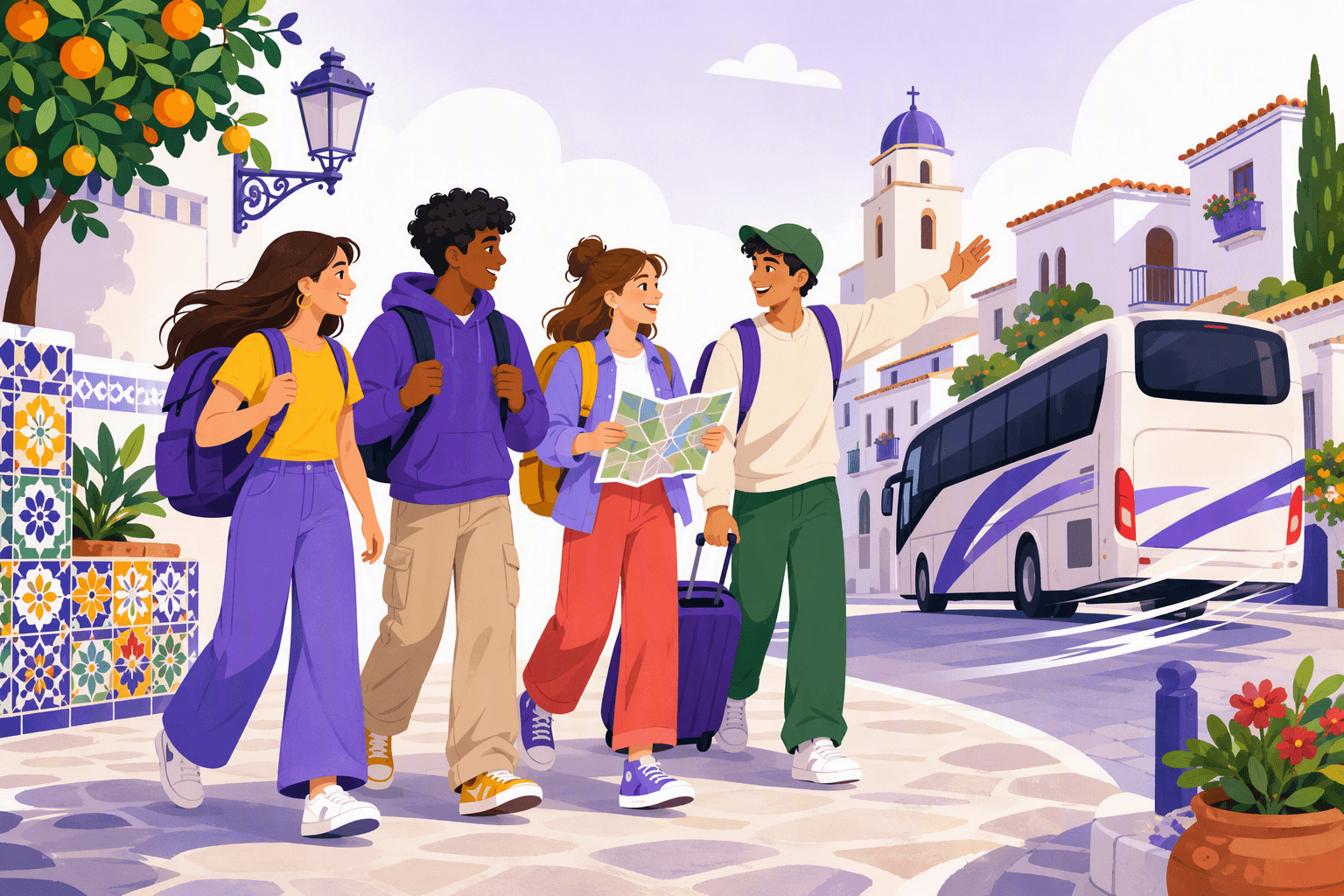 Flat-vector scene of diverse friends with backpacks moving together toward a departing bus on a sunny Spanish town street with colorful tiles, orange trees, a map, and motion lines.