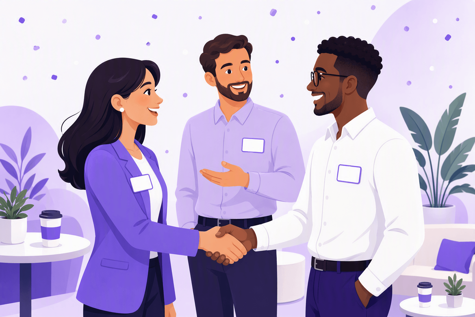 Two people shaking hands and smiling at a first meeting while a third person introduces them at a friendly conference lounge