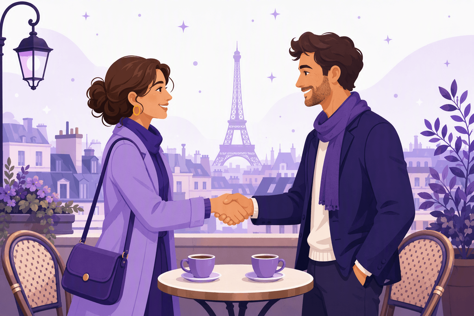 Two people shaking hands and smiling at a Paris cafe table during a first introduction
