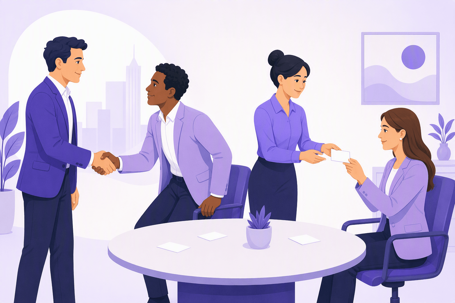 Colleagues greeting each other in a German office: one stands to shake hands with direct eye contact while another offers a business card with both hands and the recipient studies it before setting it on the table
