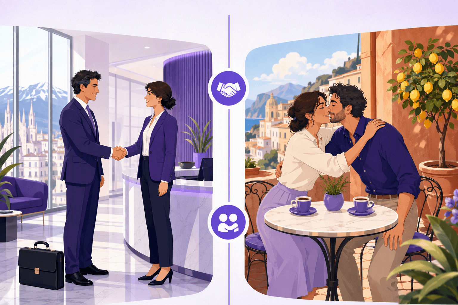 Two panels comparing Italian first-meeting customs: two people in business blazers shaking hands in an office lobby on the left, two friends leaning cheek to cheek at a sunny cafe terrace on the right