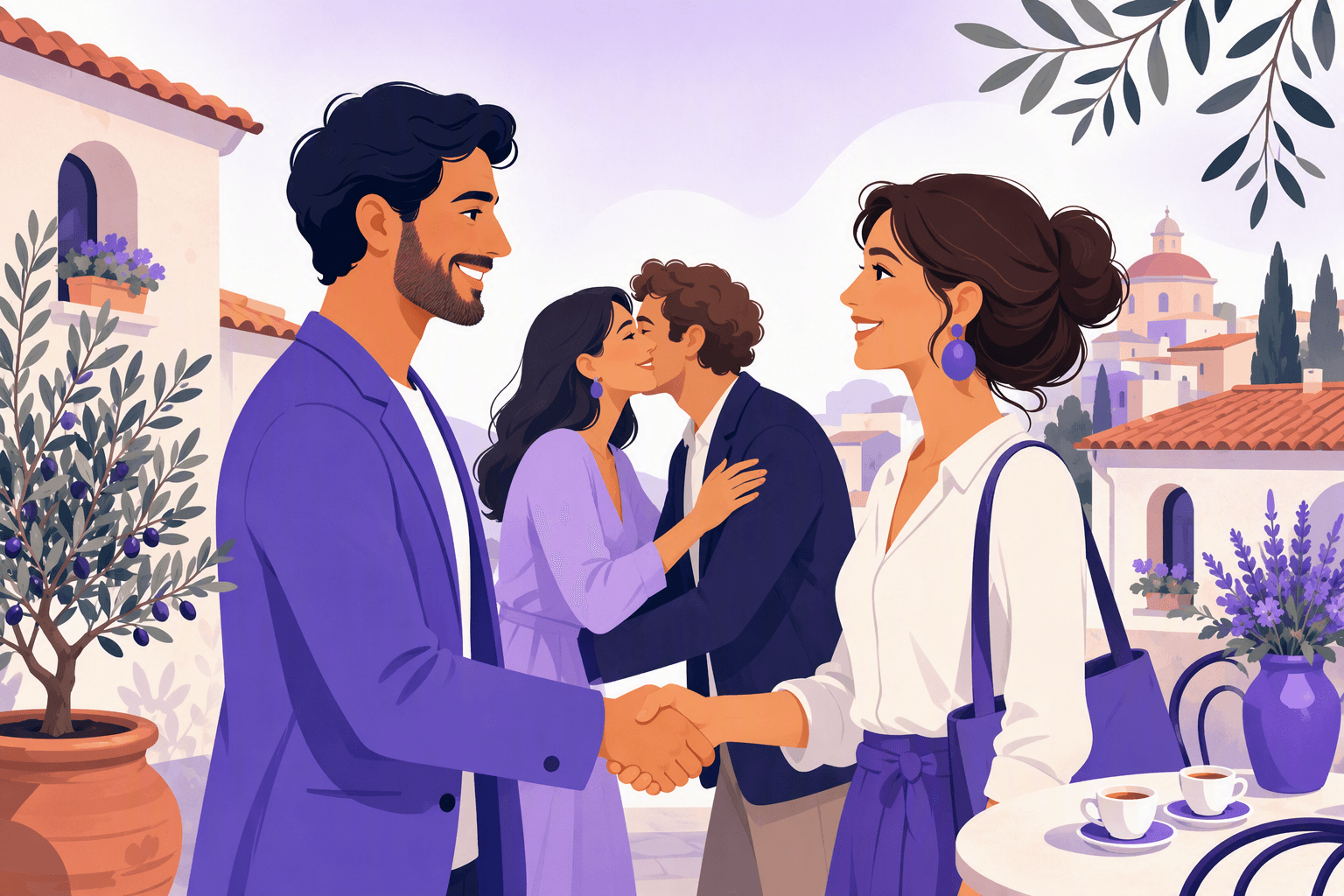 A man and a woman shaking hands and smiling as they meet for the first time on an Italian terrace, while behind them another pair exchange a light two-kiss cheek greeting