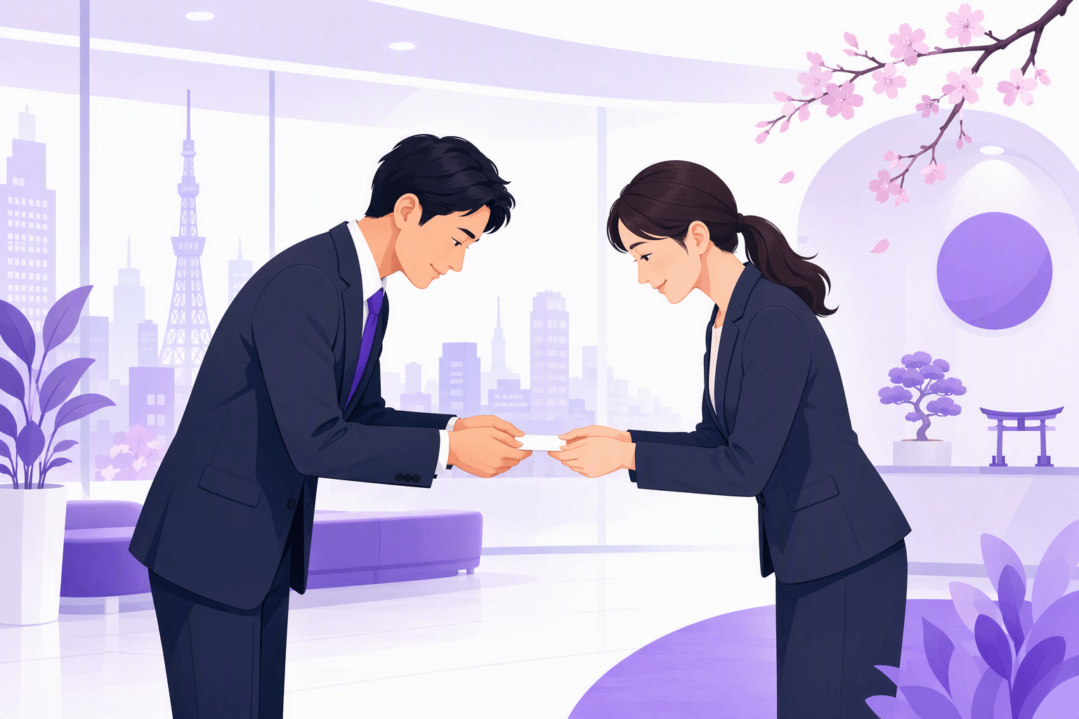 Two Japanese professionals bowing to each other while exchanging a business card with both hands in an office lobby