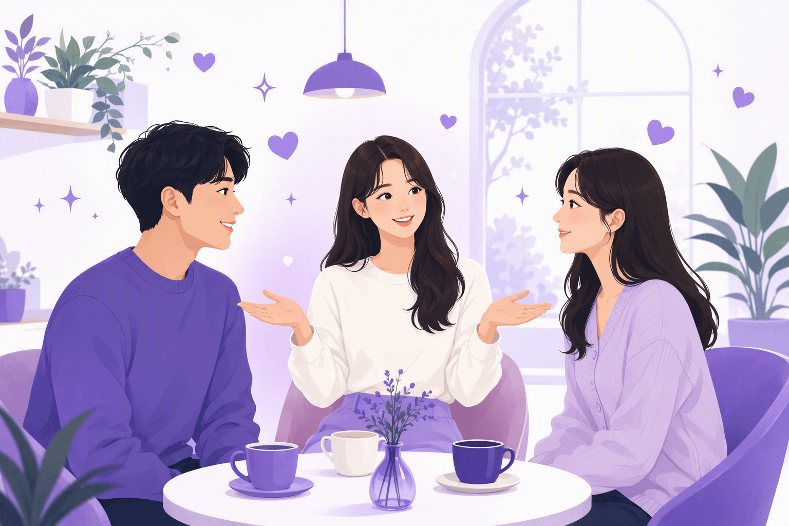 A mutual friend at a cafe introduces two young Korean adults to each other, who turn and nod with warm smiles