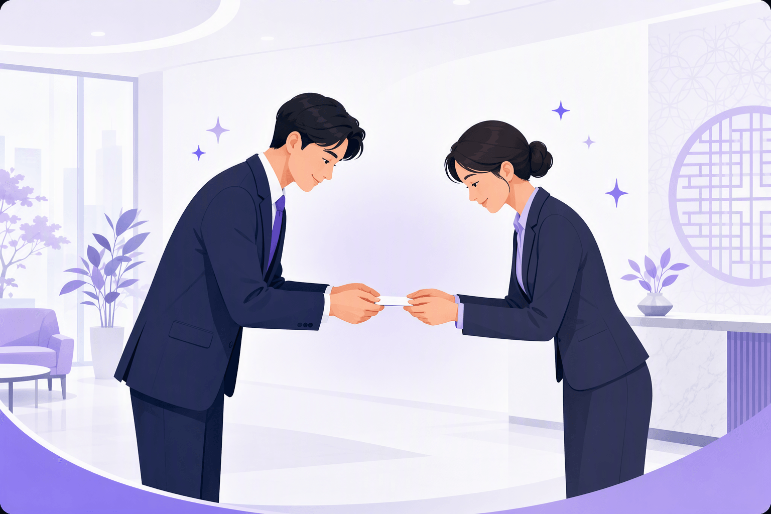 Two Korean professionals bow to each other at a first business meeting while exchanging a business card with both hands