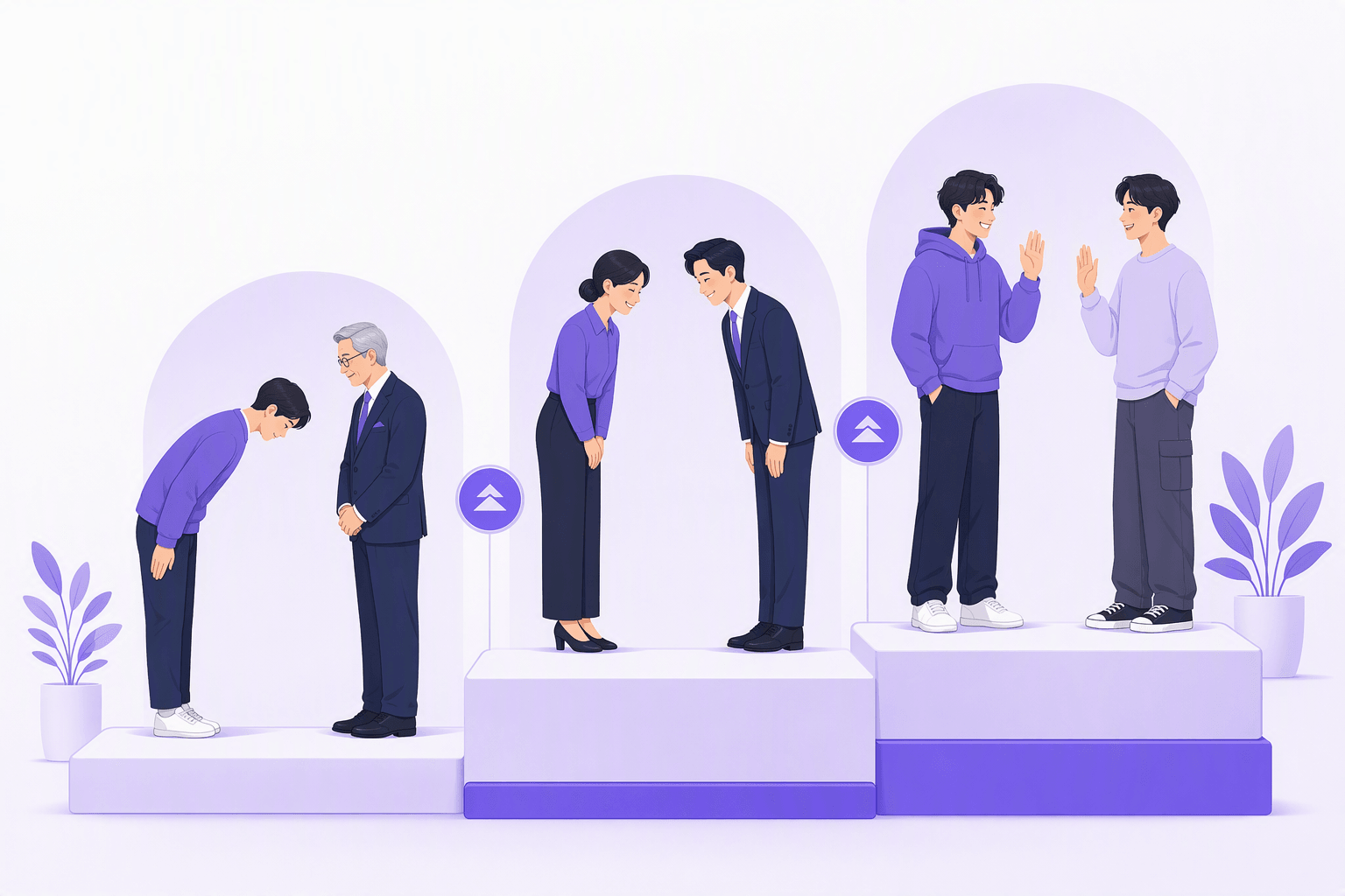 Three Korean greeting scenes side by side: a deep bow to an elder, a polite nod between colleagues, and a casual wave between same-age friends
