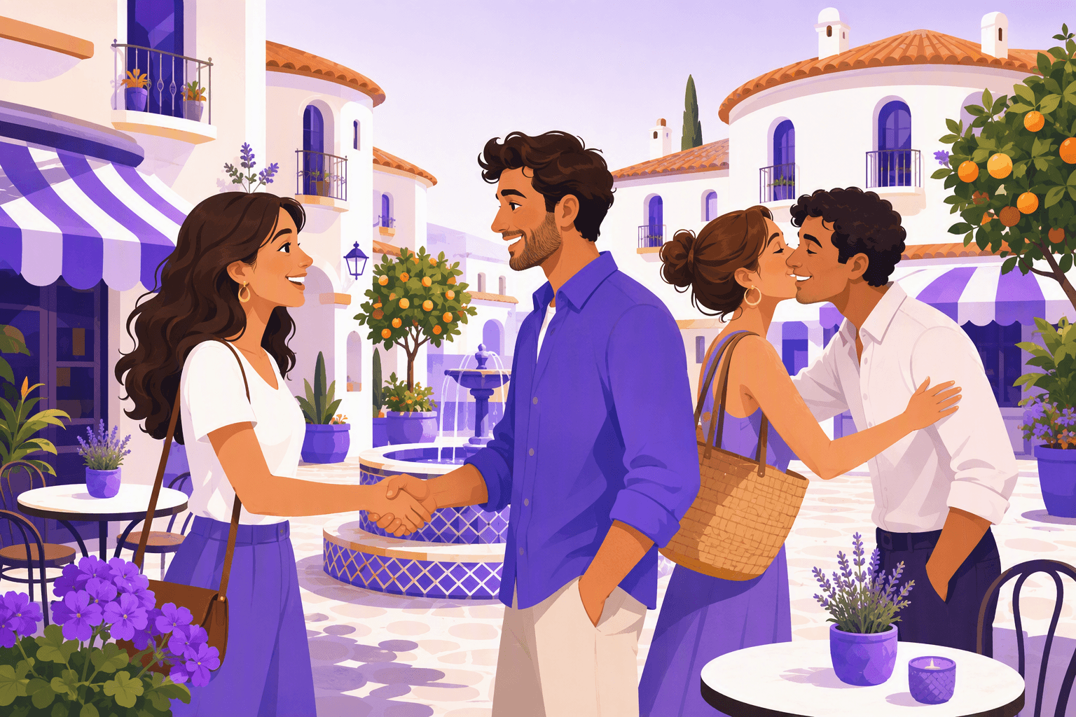 Two people shaking hands while being introduced on a sunny Spanish plaza, with another pair greeting each other with a cheek kiss beside a tiled fountain and a café terrace