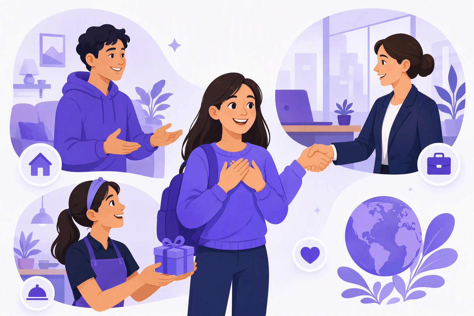 Flat-vector scene showing a language learner responding warmly to gratitude from people in casual, professional, and service situations through smiles, open hands, a handshake, and a small gift.