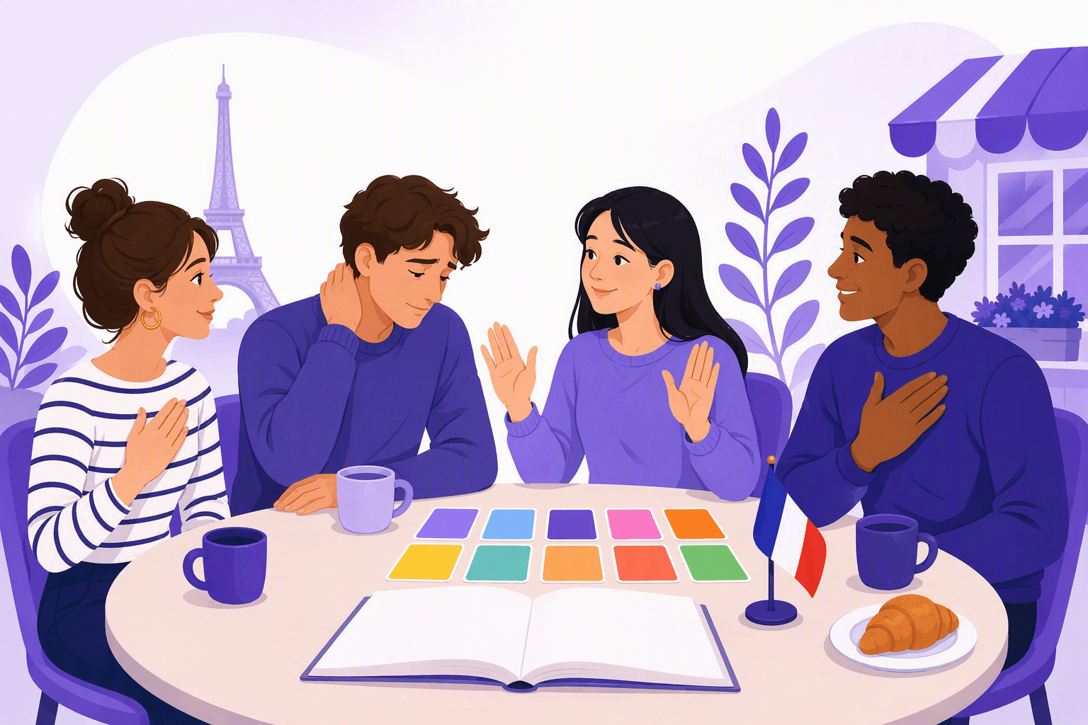 A language learner practices three kinds of polite French replies with three conversation partners at a café table, alongside twelve blank cards, an open book, and a French flag.