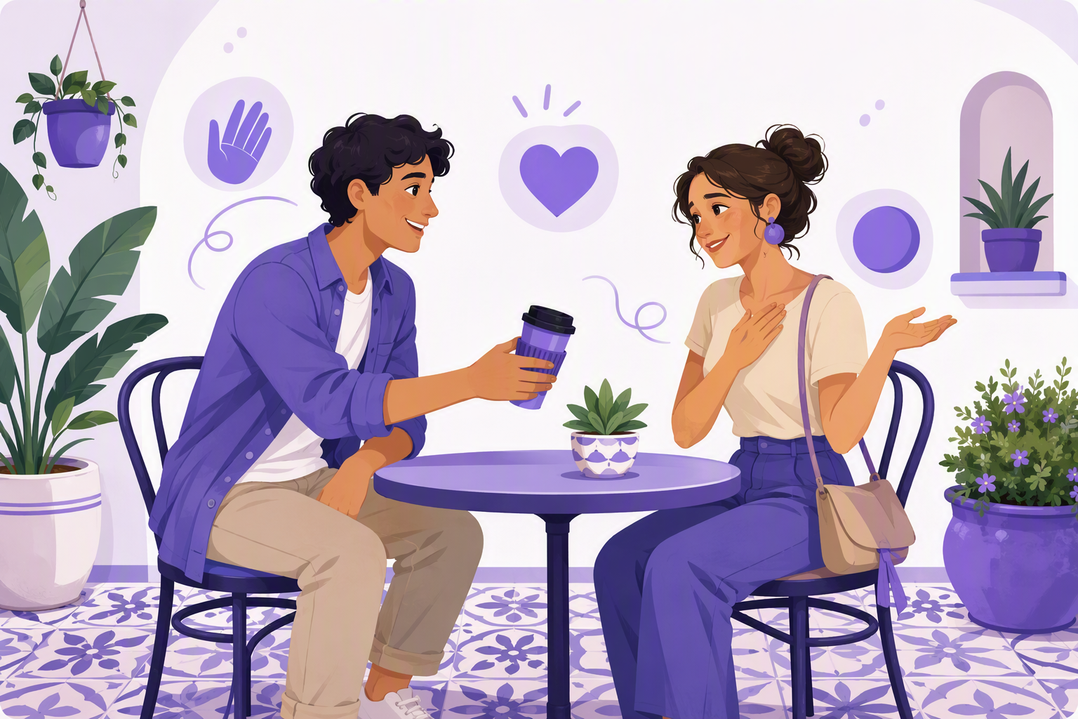 Two friends at a Spanish street cafe, one waving off a small mishap with a relaxed open-palm gesture while the other smiles apologetically