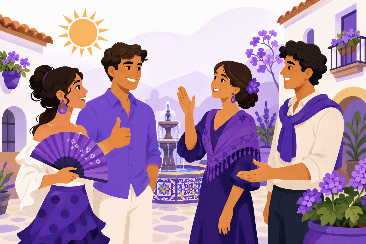 Flat-vector scene showing four friendly people in a sunny Spanish-style plaza using distinct affirmative gestures, surrounded by a fan, sun, and tiled fountain.