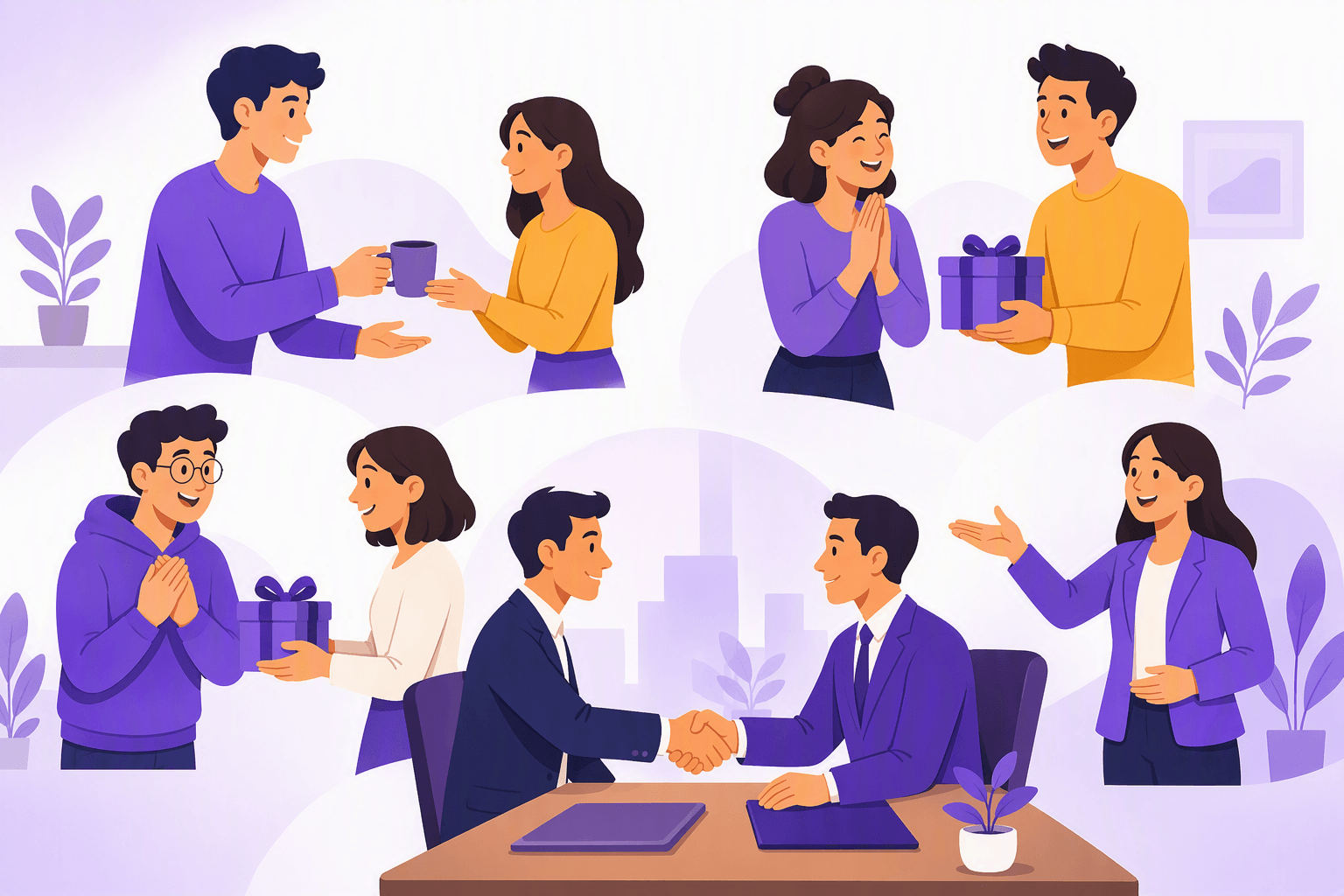 Flat-vector illustration of people expressing politeness and gratitude through a request, a coffee exchange, a gift, a welcoming response, and a formal business handshake.
