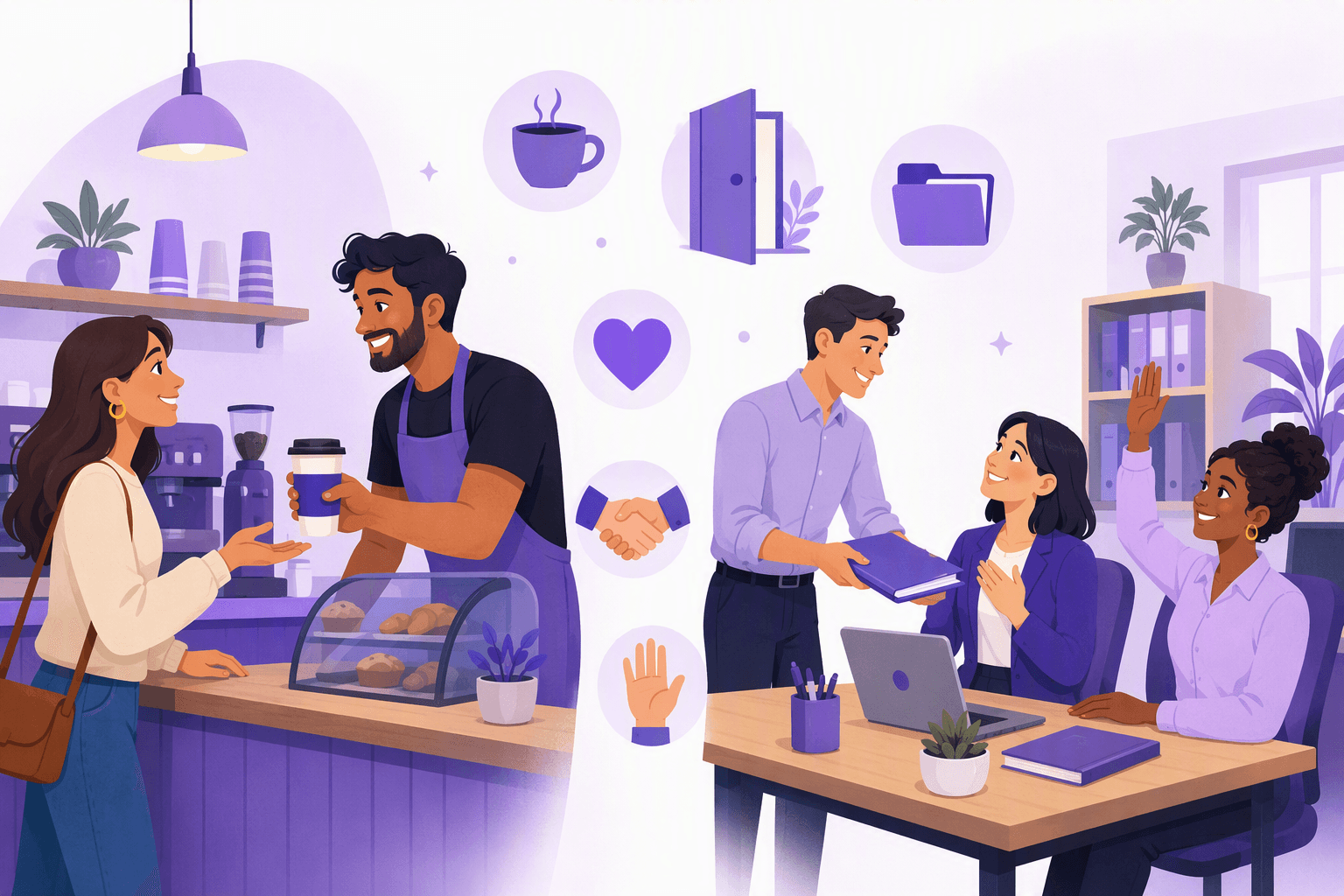 Um empregado de café a entregar uma chávena de café a um cliente sorridente que estica a mão de palma aberta, e ao lado uma cena de escritório onde um colega entrega uma pasta a outro, enquanto um terceiro levanta a mão para pedir atenção