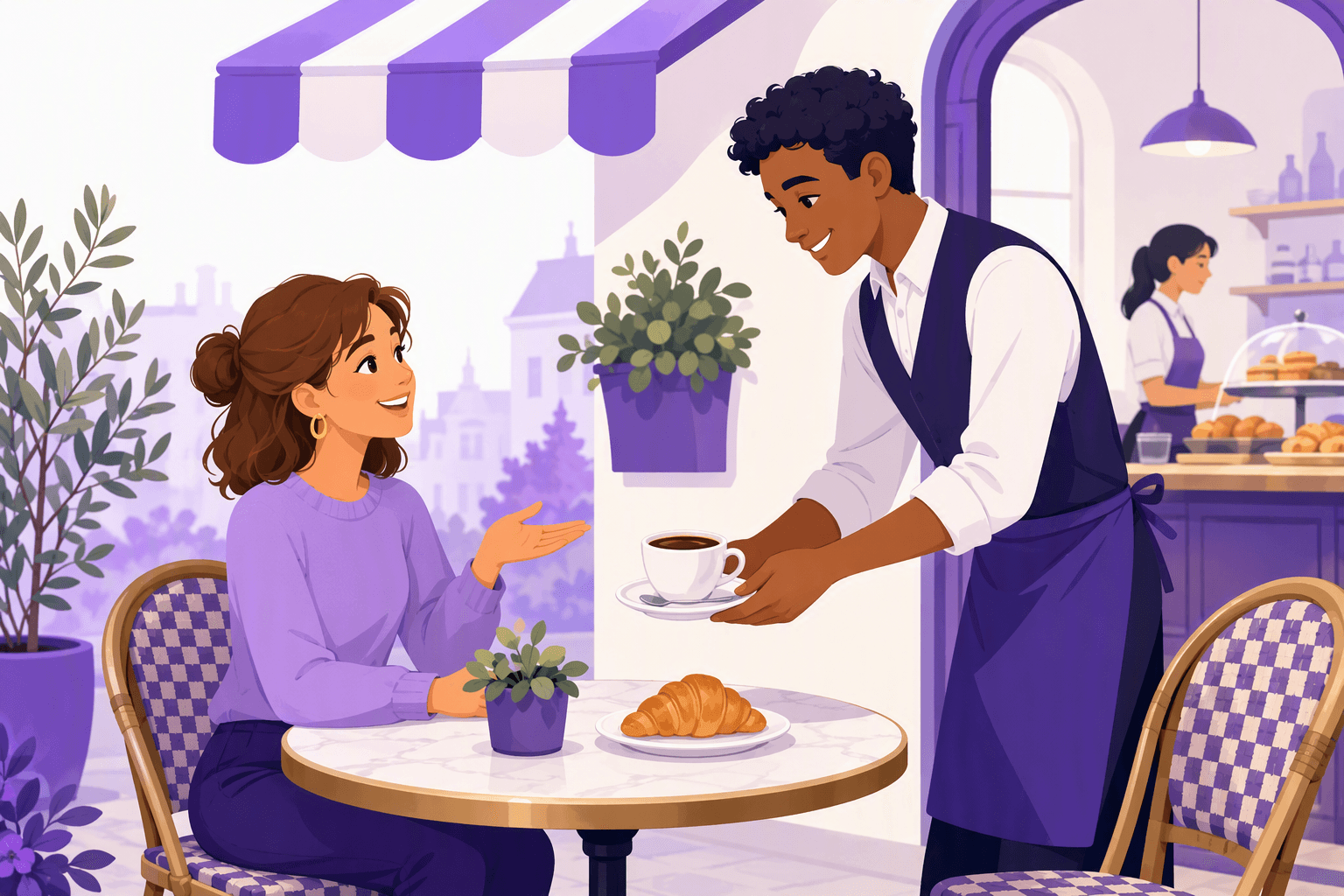 A café customer politely gesturing as a waiter hands over a cup of coffee, illustrating a courteous French request