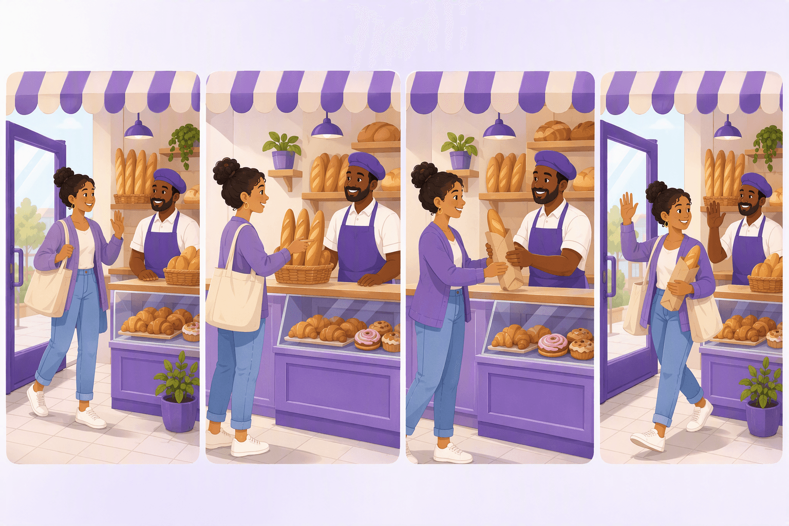 Four-panel bakery sequence: greeting at the door, pointing politely at a baguette, receiving it with a grateful nod, and waving goodbye
