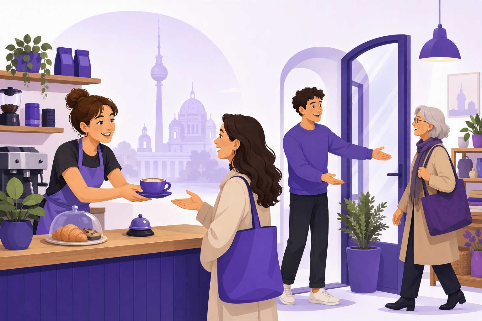 A barista handing a coffee across the counter to a customer while a young man holds a door open for an older woman, illustrating everyday German politeness