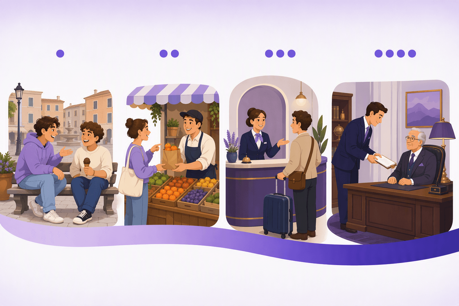 Four scenes rising in formality: friends chatting on a piazza bench, a shopper at a market stall, a hotel receptionist welcoming a traveller, and a suited employee handing a document to a seated elderly executive