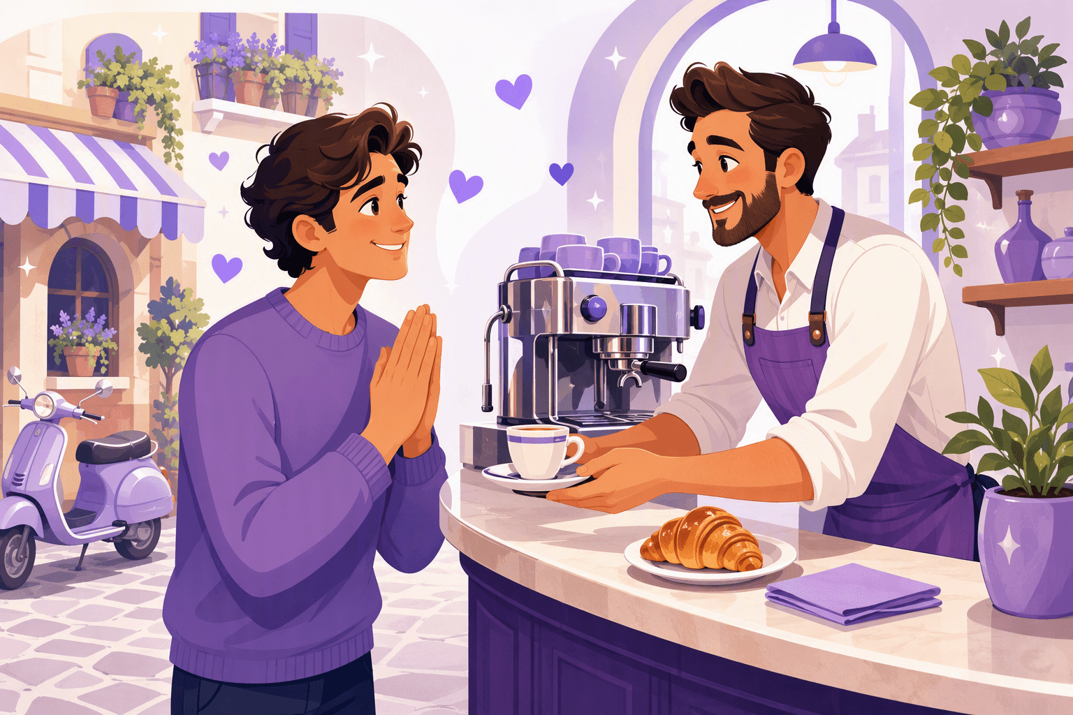A customer with palms pressed together in a polite request gesture orders an espresso from a smiling barista at an Italian bar counter