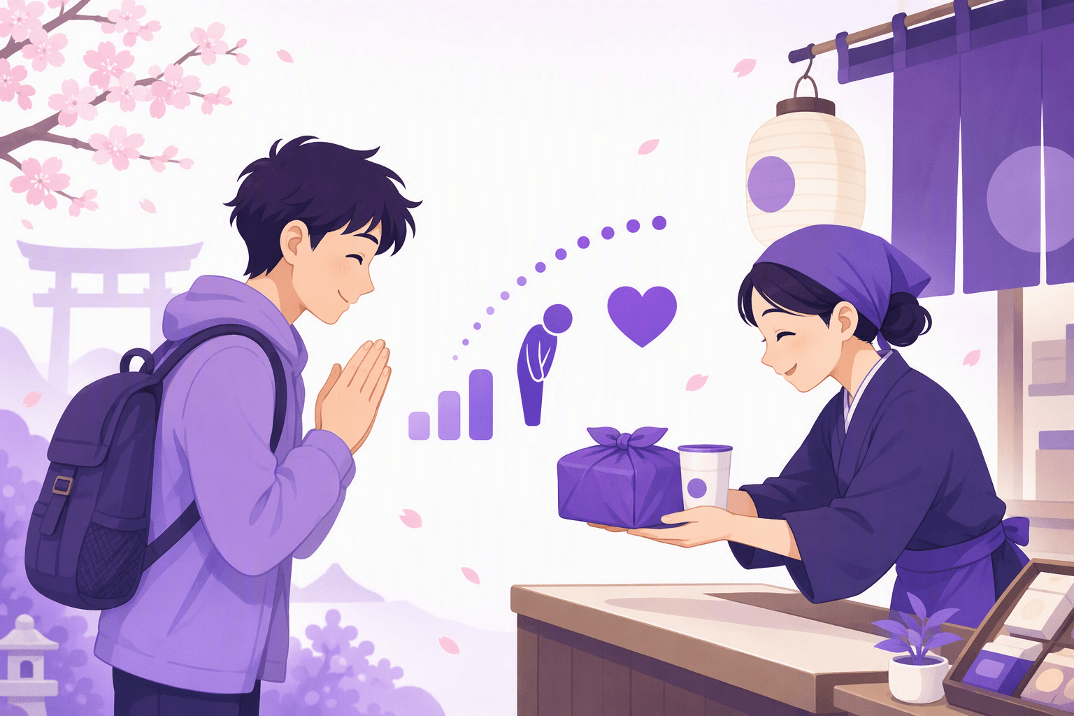 A traveler makes a polite request with hands together while a shop assistant hands over a wrapped parcel with both hands, with icons showing rising politeness levels