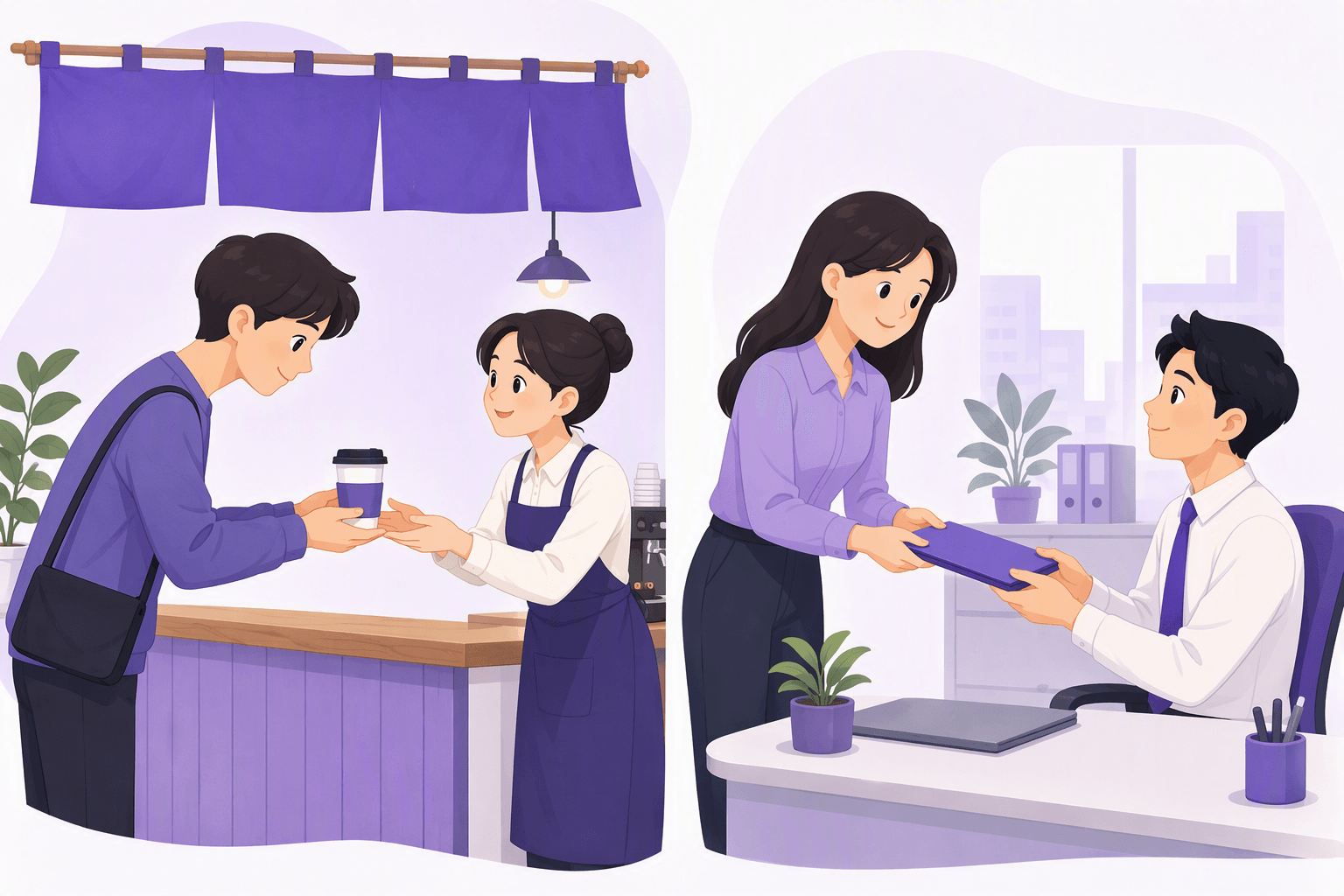 A customer at a Korean cafe counter receives a cup with both hands while an office worker hands a folder to a seated colleague, illustrating the two-handed giving gesture behind Korean polite requests