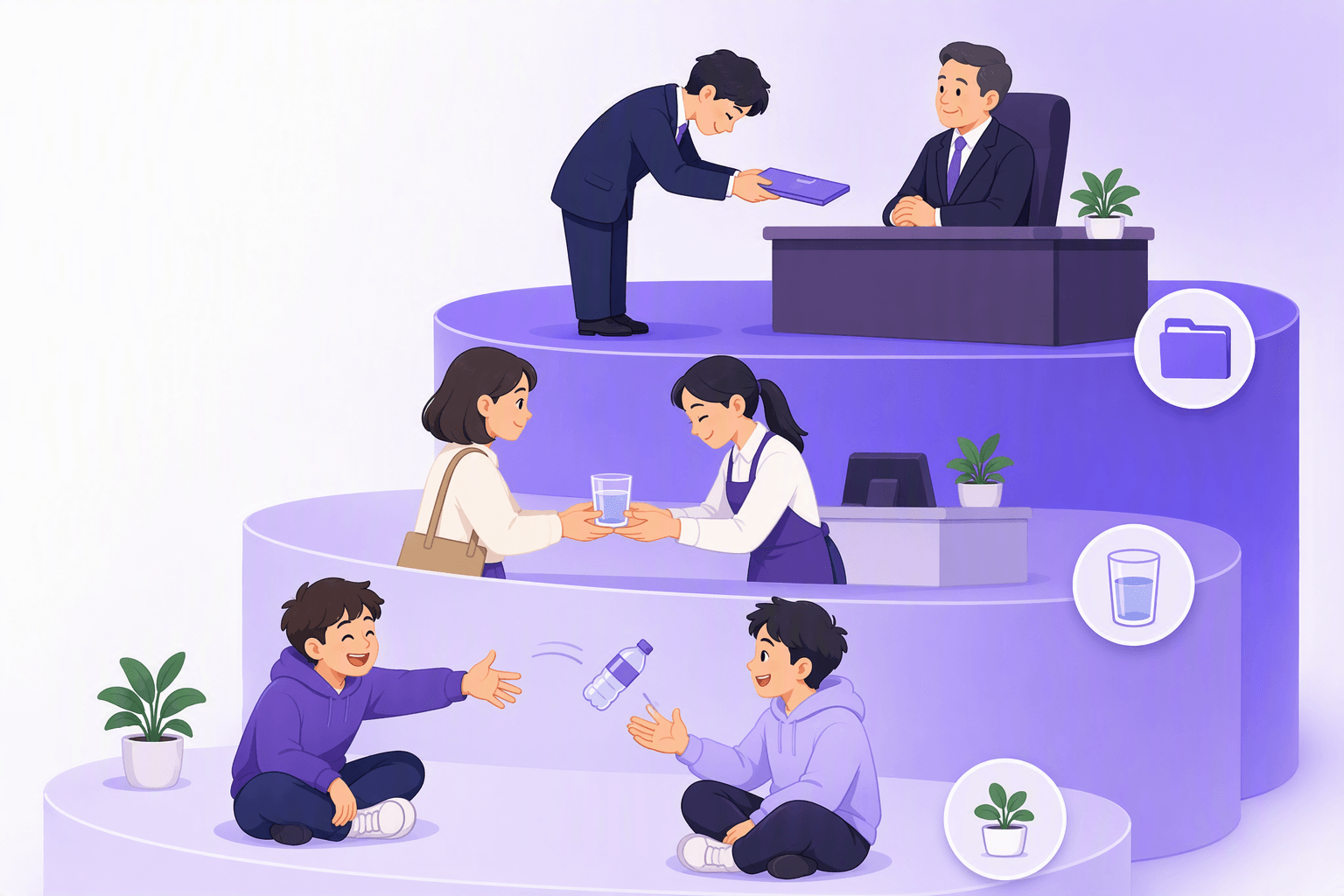 Three rising steps showing the same request at three Korean speech levels: friends tossing a bottle one-handed, a shop assistant passing a glass with both hands, and an employee bowing while presenting a document to a manager