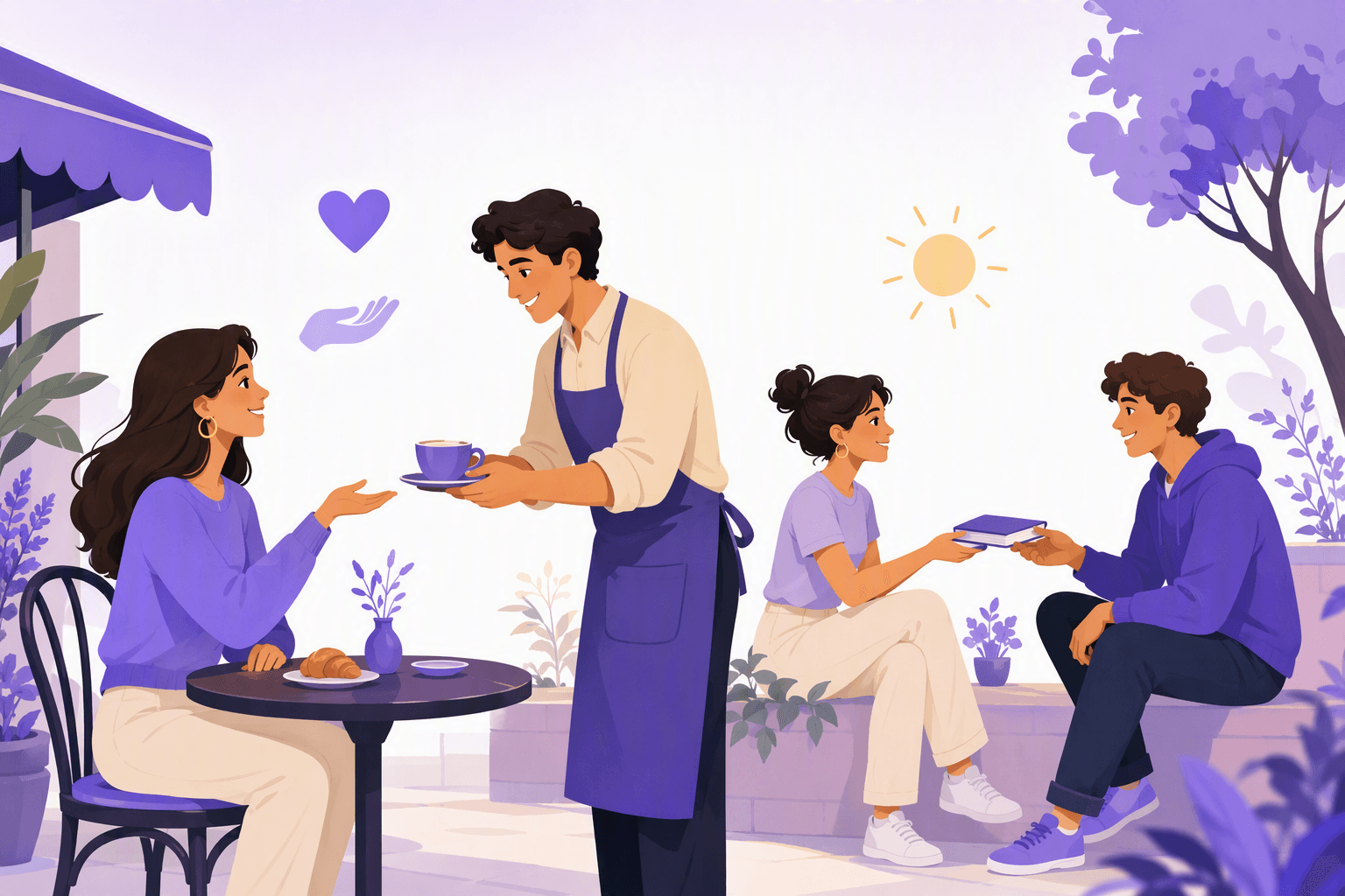A cafe terrace where a customer makes an open-palm request and a waiter hands over a cup with both hands, while two friends exchange a book with a courteous nod