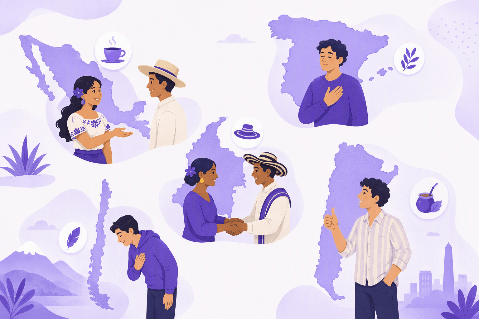 Five Spanish-speaking regions shown as stylized country shapes, each with a character making a different courteous gesture: hand on chest, open-palm invitation, two-handed handshake, respectful bow, casual thumbs-up