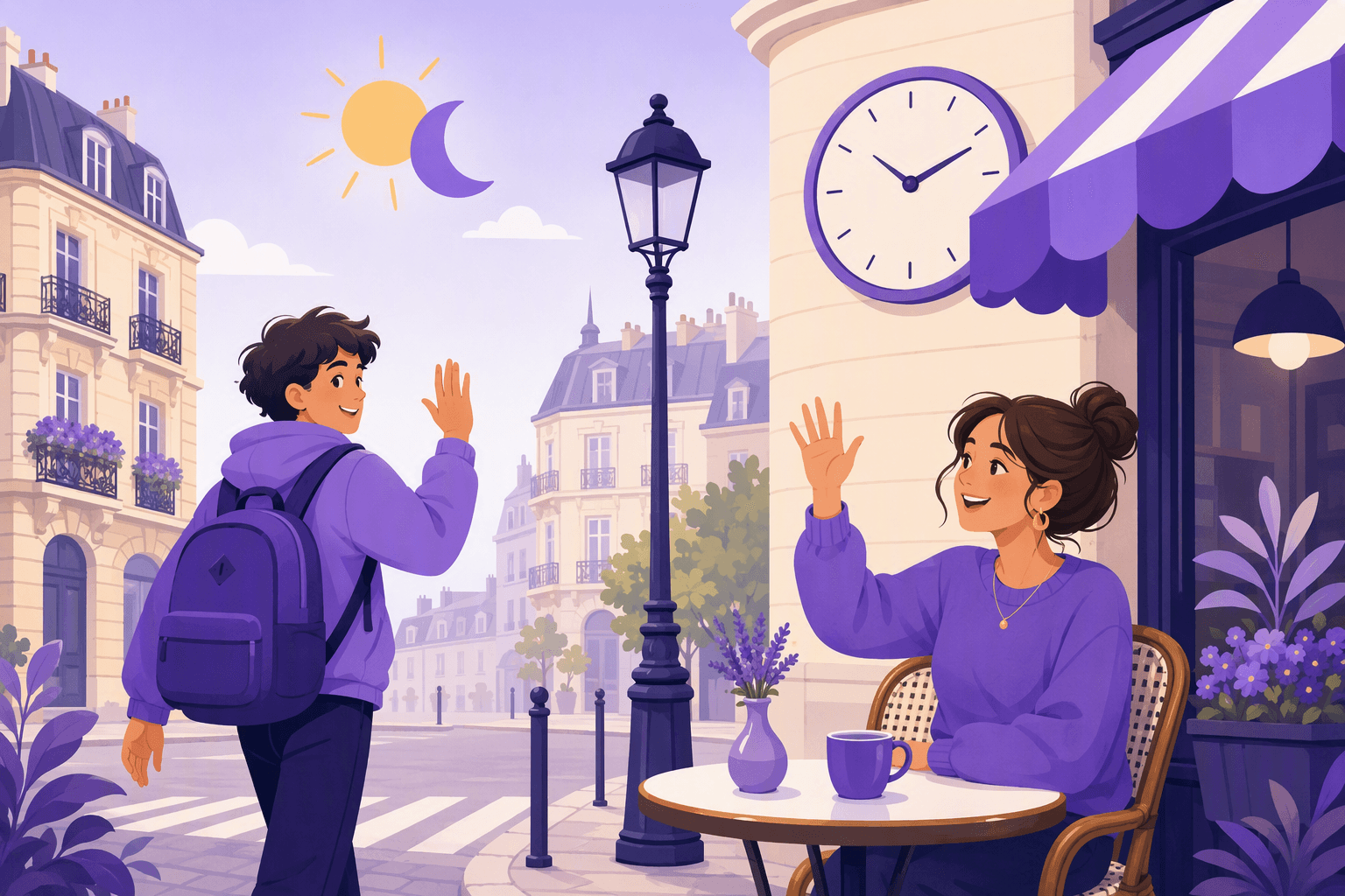 Two friends parting on a Parisian street corner, one waving goodbye while walking away, illustrating French see-you-later phrases
