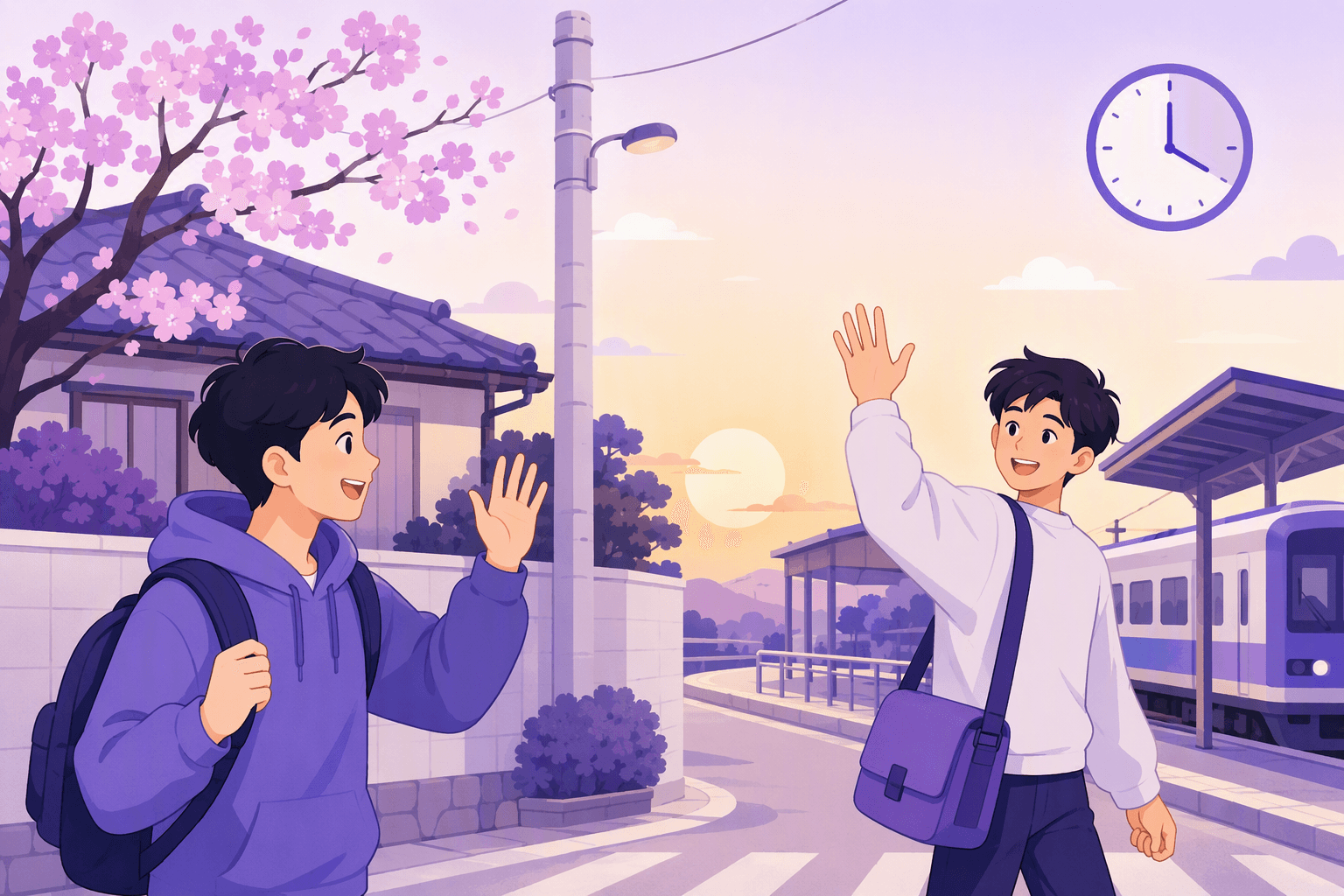 Two friends waving goodbye to each other near a Japanese train station at sunset, one heading home and one boarding a train