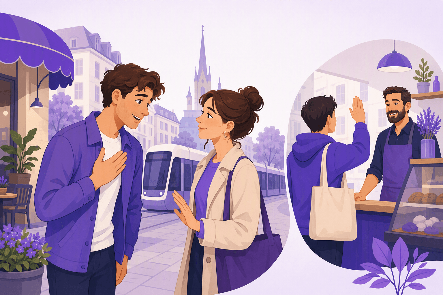 A man apologizes with a hand on his chest while a woman answers with a forgiving smile on a Central European street, and a shopper raises a hand to get a baker's attention
