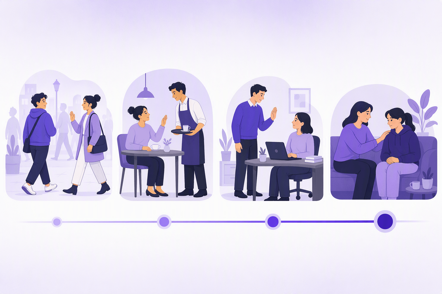Four scenes on a rising scale: brushing past a stranger, catching a waiter's eye, owning a mistake at a colleague's desk, and comforting a friend with a hand on the shoulder