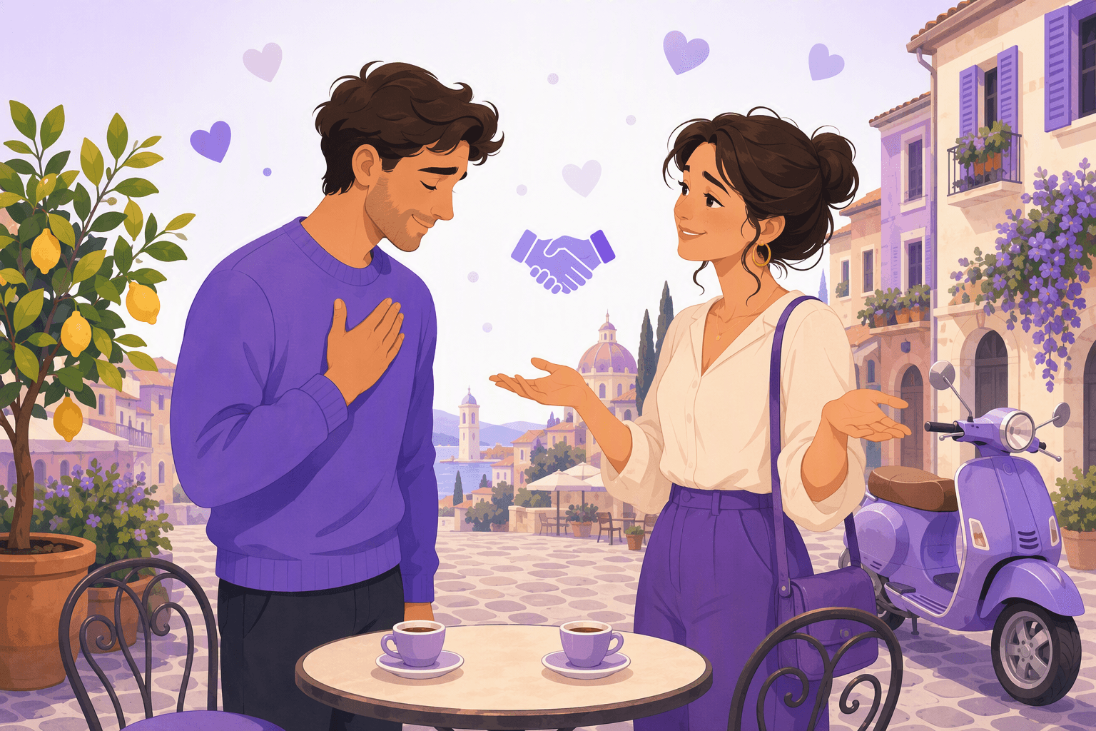 Two people apologizing to each other at an outdoor cafe table on an Italian piazza, one with a hand pressed over the heart