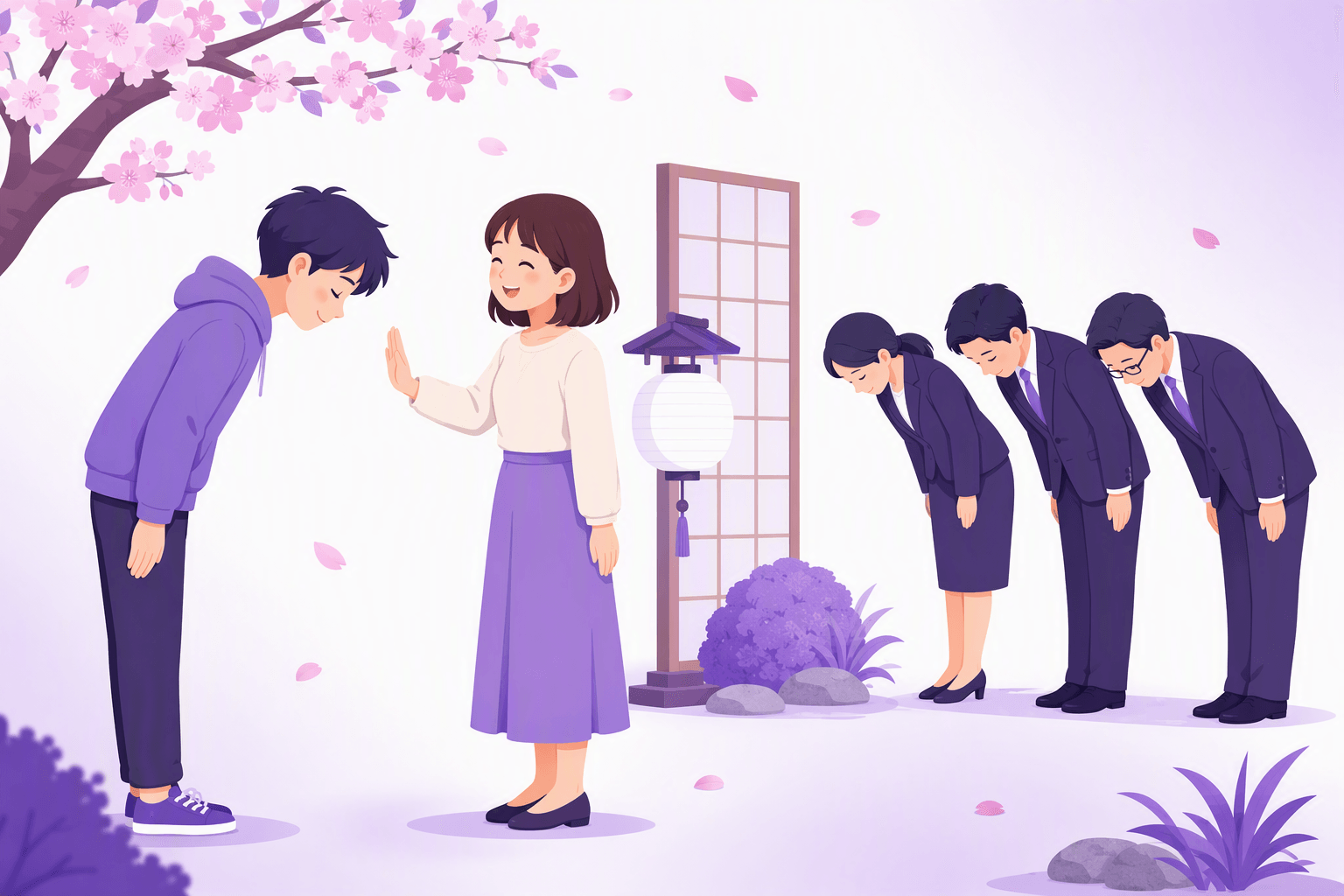 A friend offers a shallow, casual apology bow while the other person smiles and waves it off, next to three colleagues in suits bowing deeply together in a formal business apology