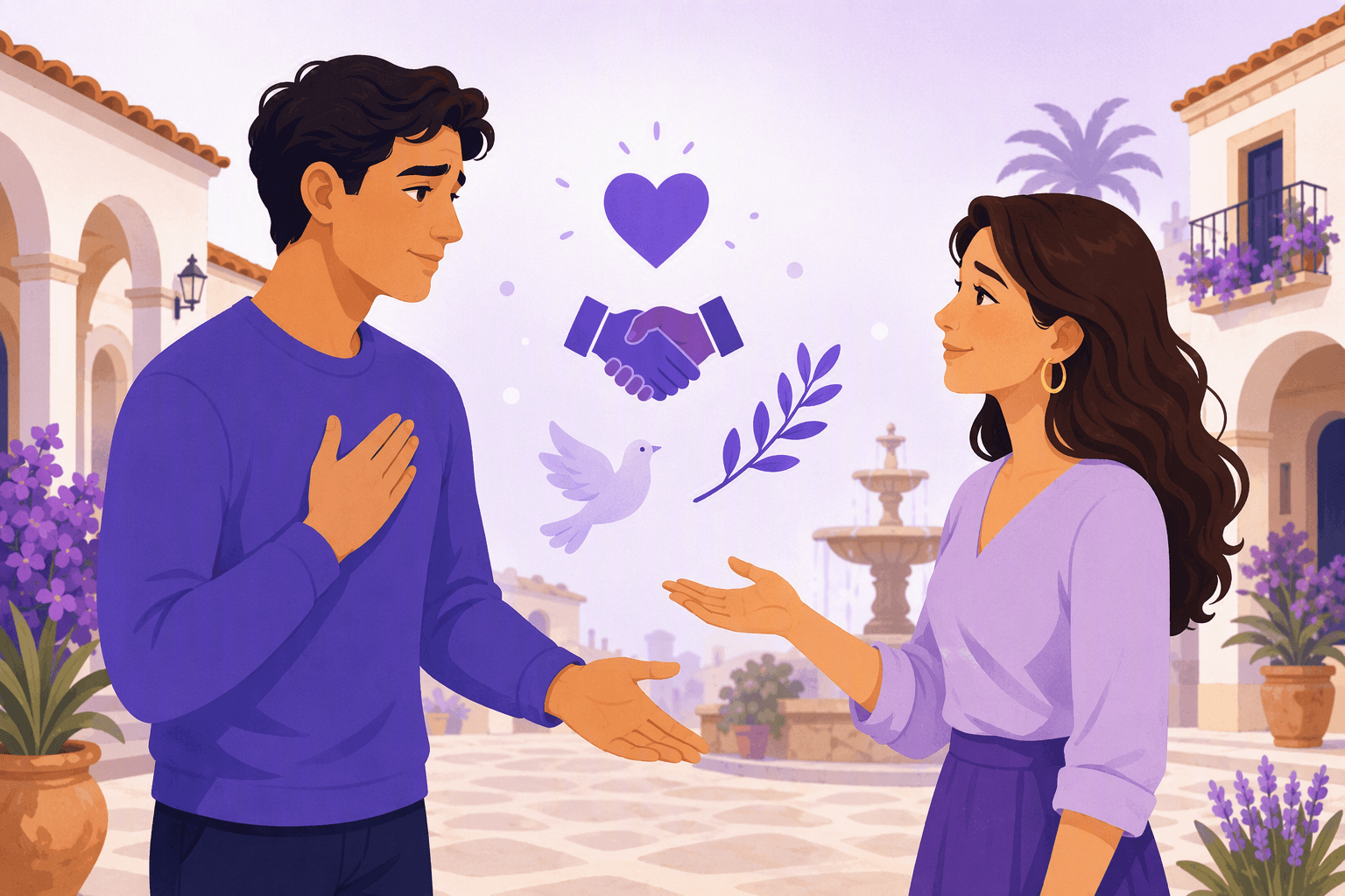 Two people facing each other in a sunny Spanish plaza, one with a hand on the heart in apology and the other responding with an open, forgiving gesture