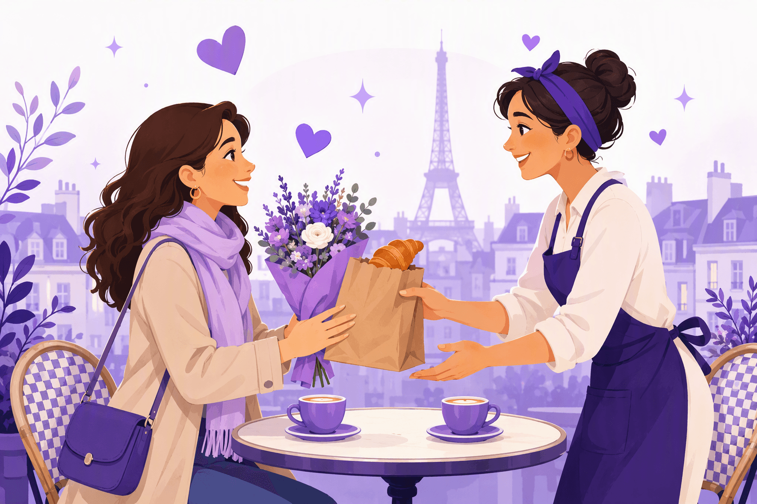 A café worker in Paris hands a customer a bouquet and a paper bag while both smile at each other across a bistro table