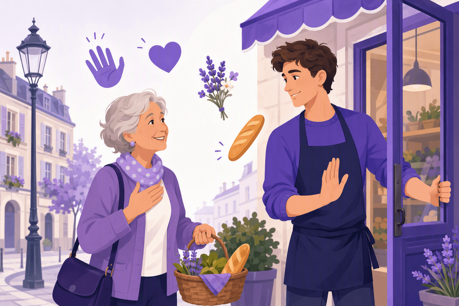 A young man holds a shop door open and helps an older woman with her basket while brushing off her thanks with an open palm