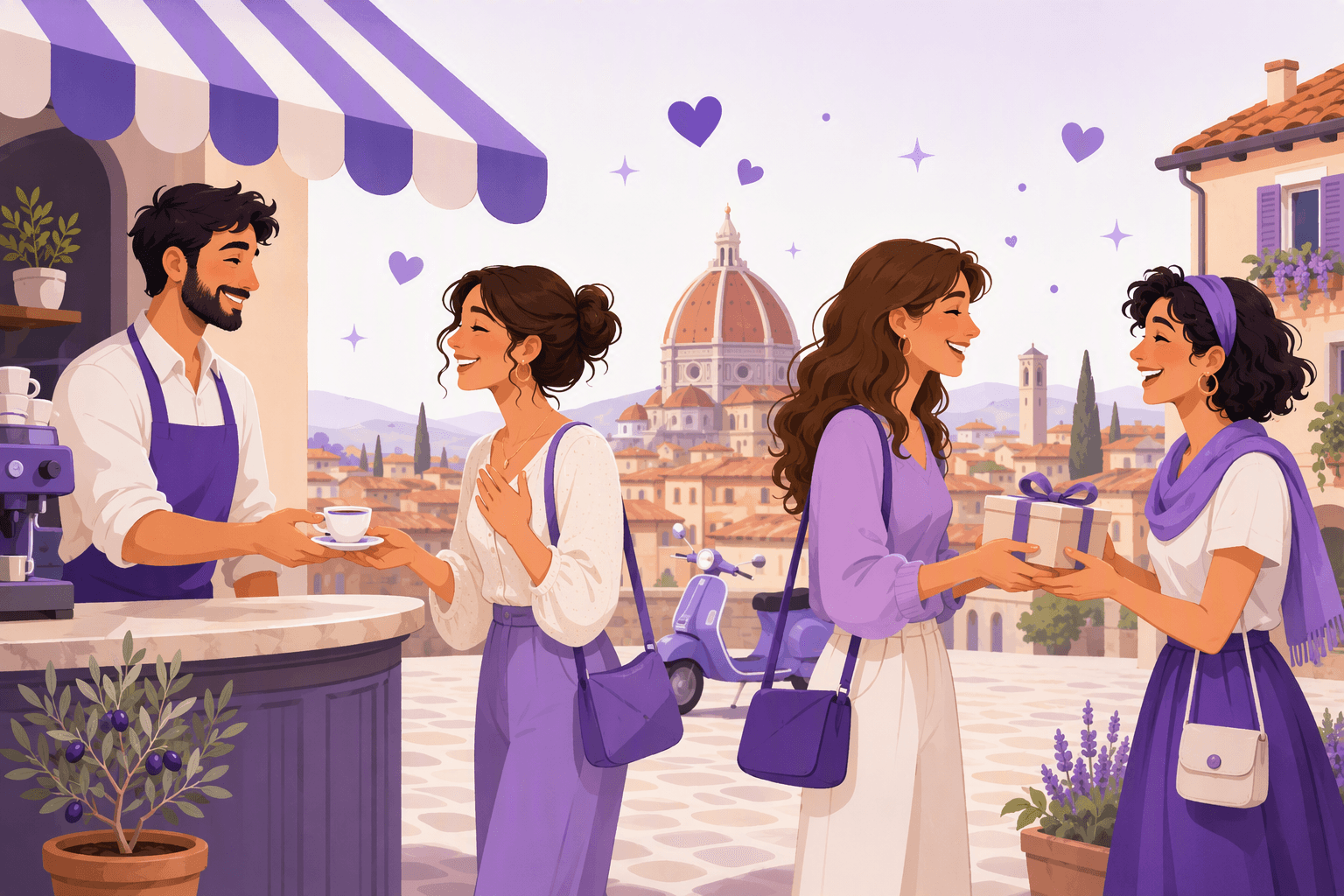 Italians thanking each other in a sunny piazza cafe: a woman with her hand on her heart receiving an espresso, and two friends exchanging a small gift