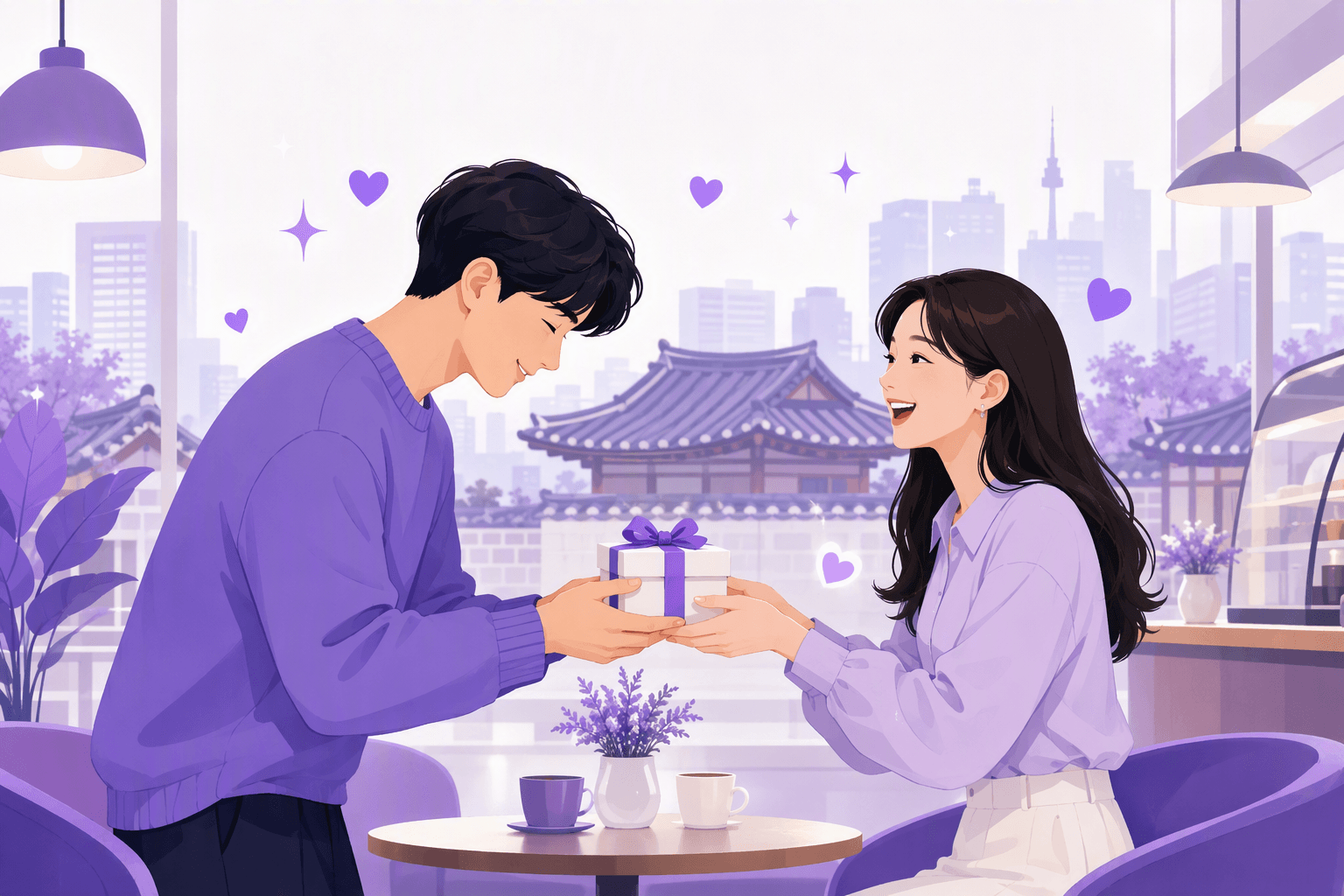 Two people in a Seoul cafe exchanging a wrapped gift with a slight bow and a warm smile