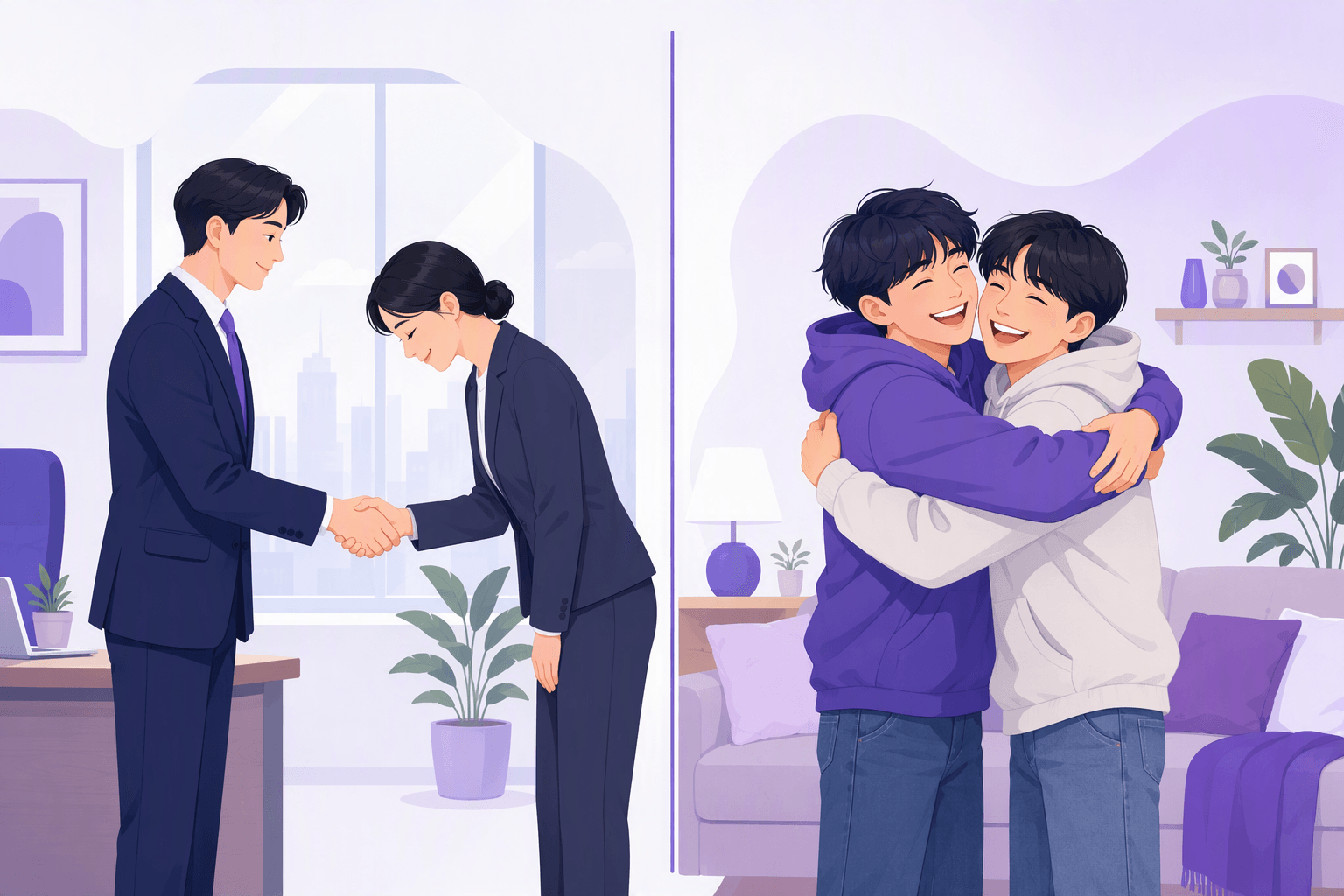 Split illustration: on the left two colleagues in business wear bow and shake hands, on the right two friends in hoodies hug warmly