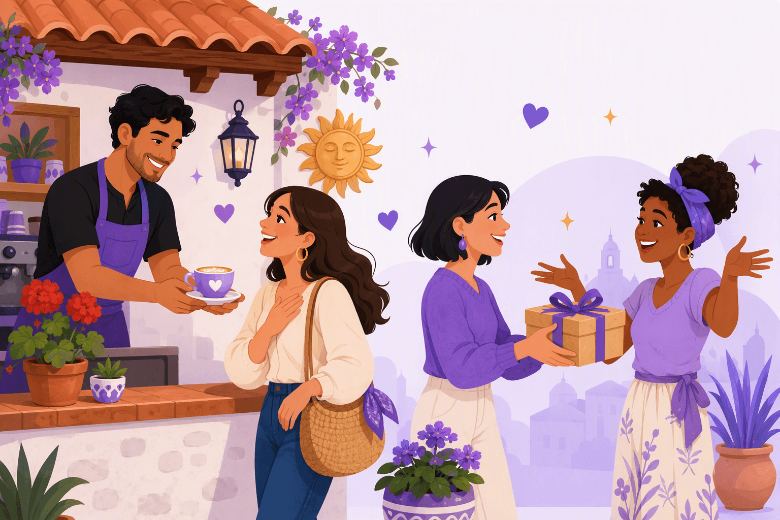 A customer thanking a barista with a hand over her heart while two friends exchange a gift, illustrating everyday gratitude in Spanish